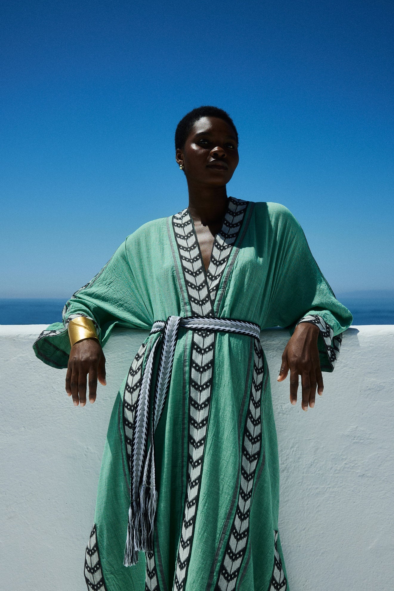 Devotion Twins Green and Black Embroidered Belted Kimono - Kaftan Pasha Living