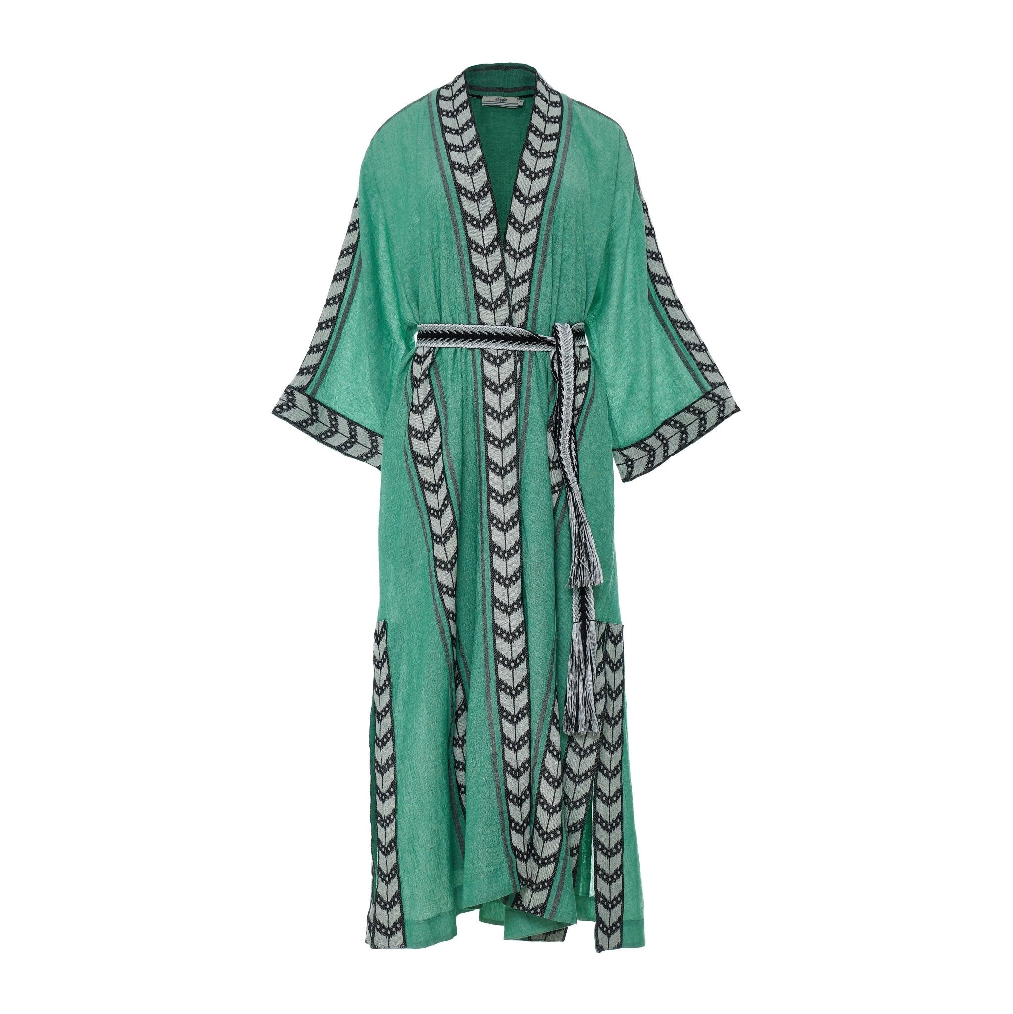 Devotion Twins Green and Black Embroidered Belted Kimono - Kaftan Pasha Living
