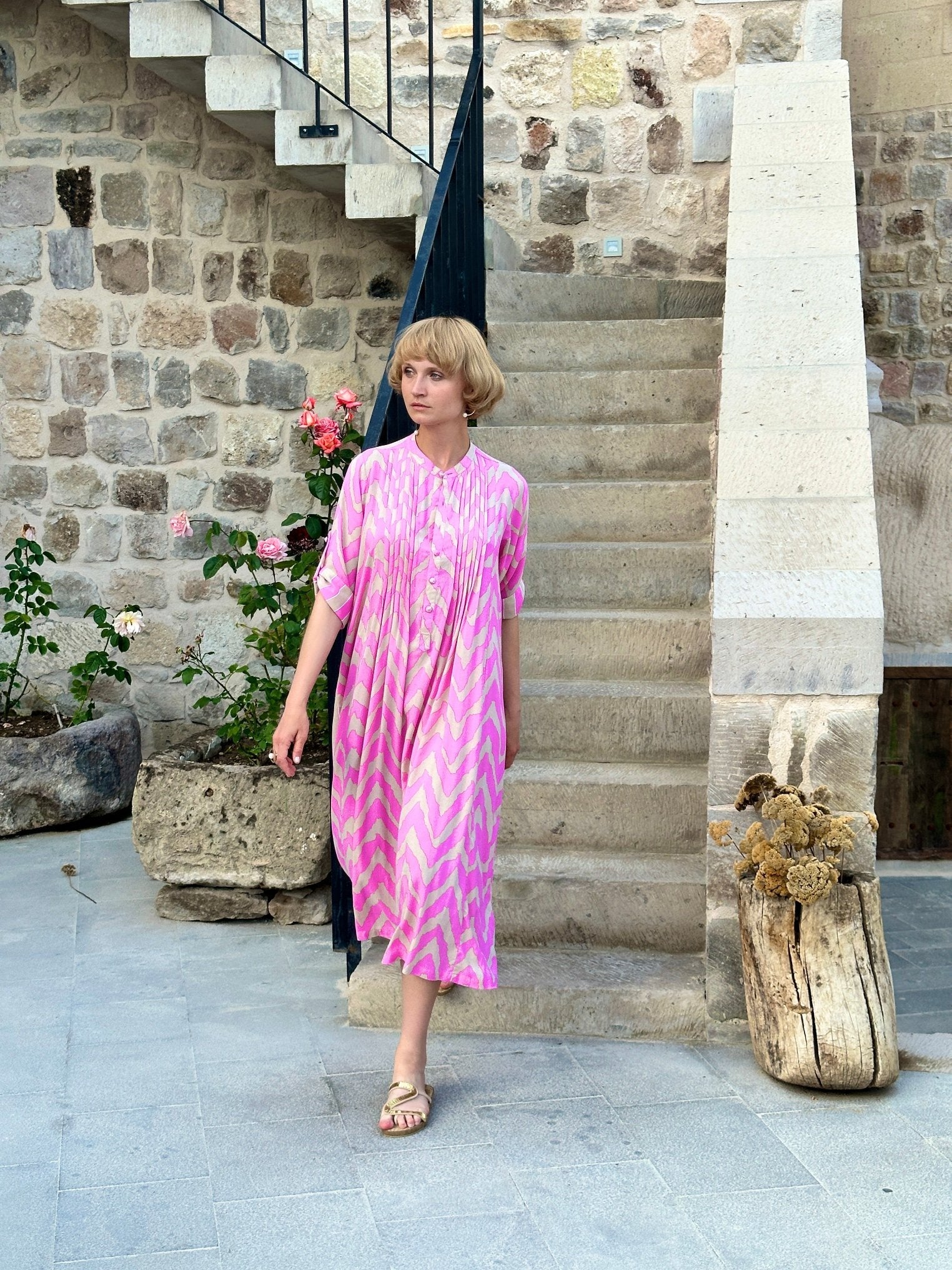 Feather & Find | Florence Pink Midi Shirt Dress. Available at Pasha Living