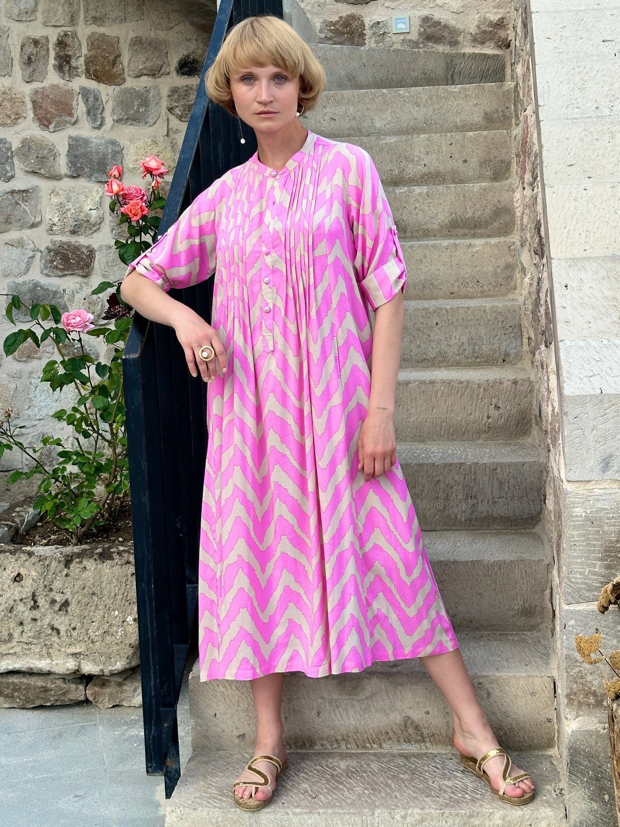 Feather & Find | Florence Pink Midi Shirt Dress. Available at Pasha Living