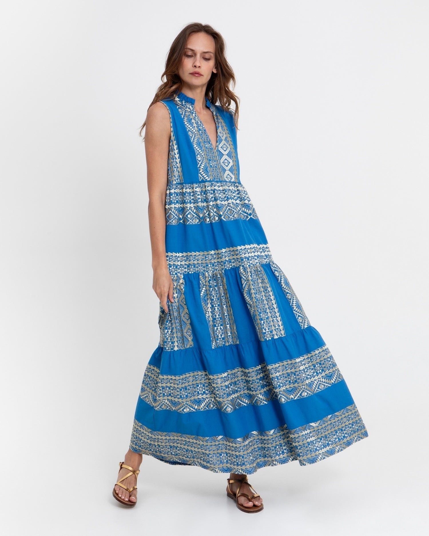 Classic Triangle Sleeveless Maxi Dress - Blue Raf and Gold Large / Blue Raf/Gold