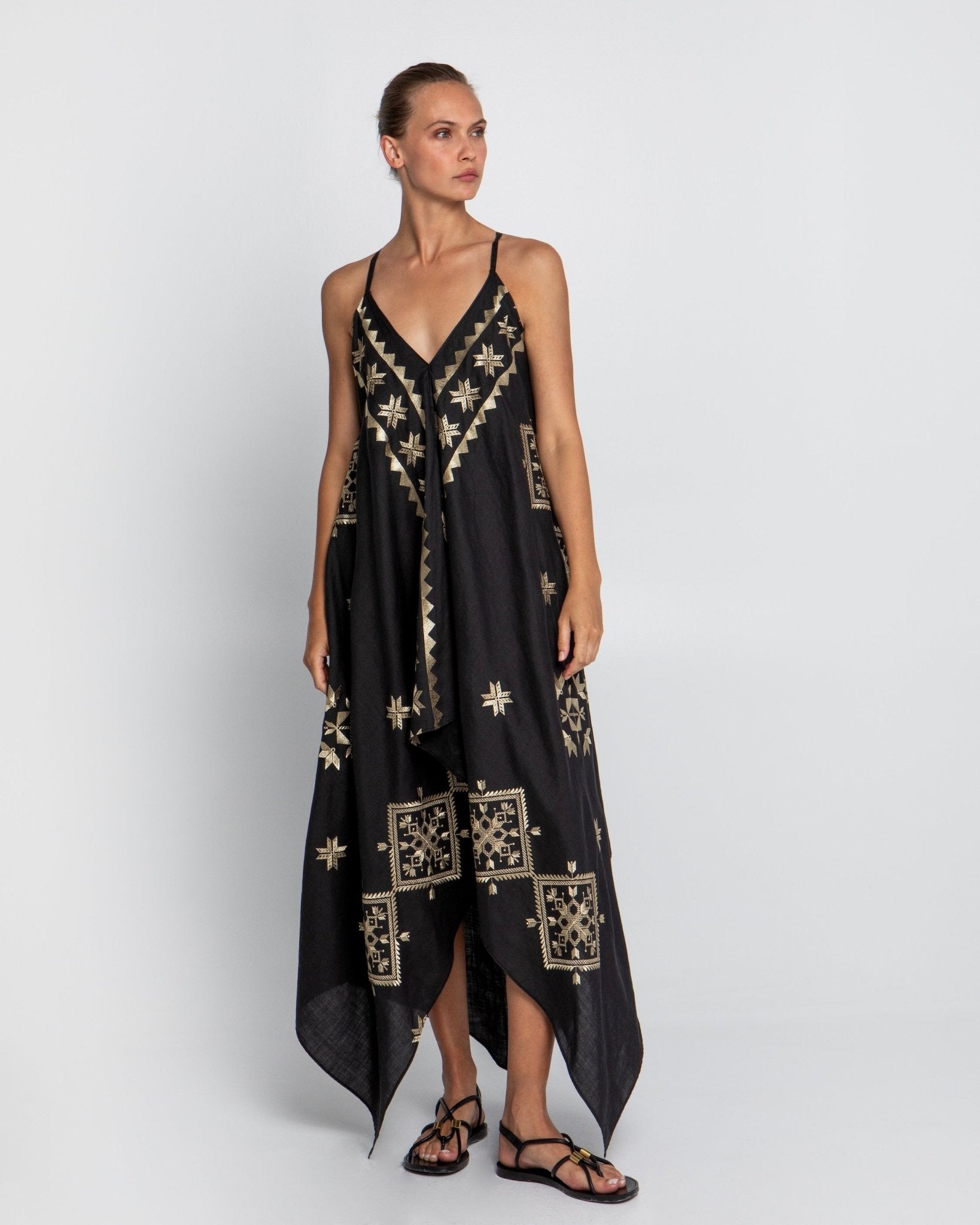 Greek Archaic Kori Asymmetrical Lefkada Dress | Black & Gold. Available at Pasha Living