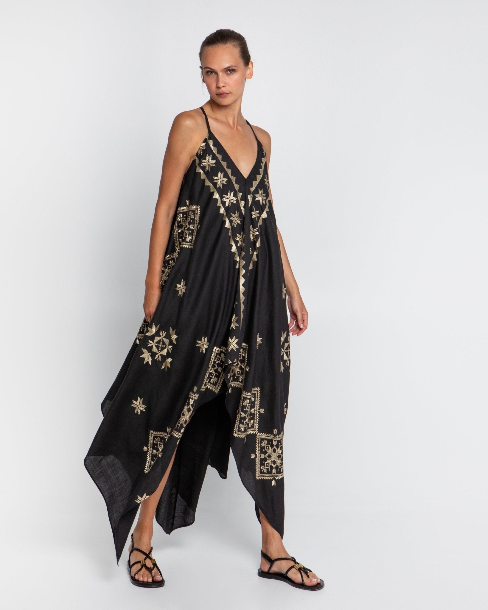 Greek Archaic Kori Asymmetrical Lefkada Dress | Black & Gold. Available at Pasha Living