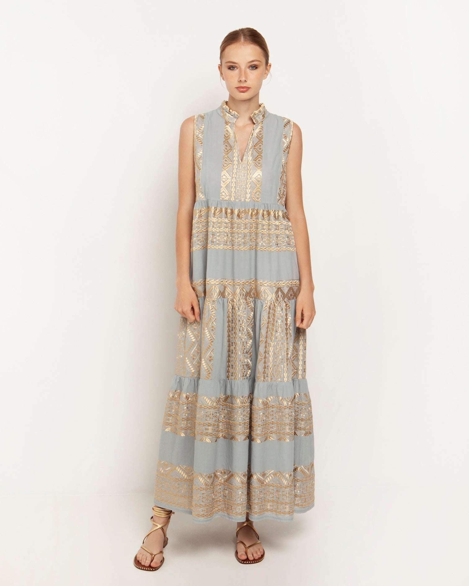 Greek Archaic Kori Cotton Maxi Dress | Grey & Gold. Available at Pasha Living