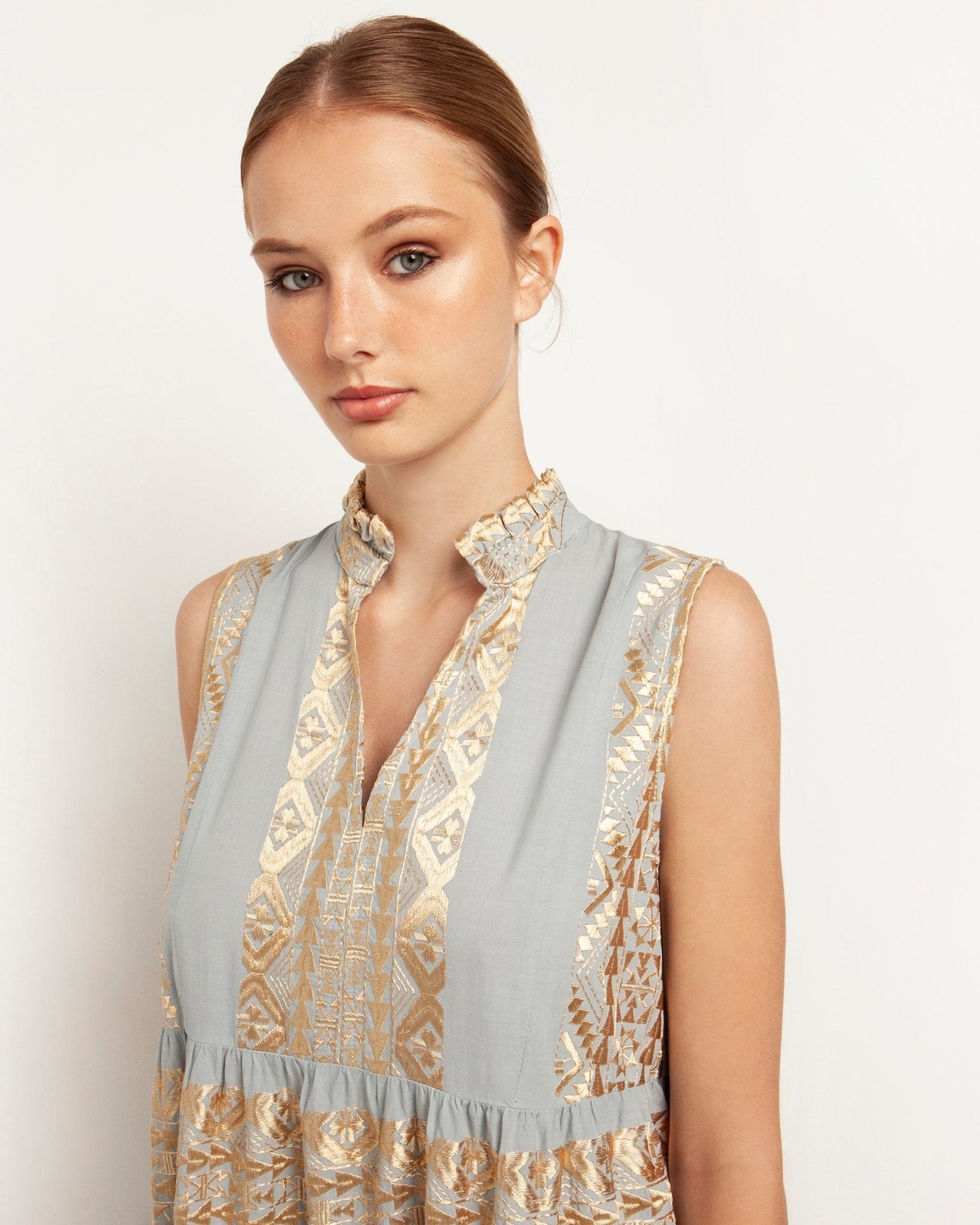 Greek Archaic Kori Cotton Maxi Dress | Grey & Gold. Available at Pasha Living