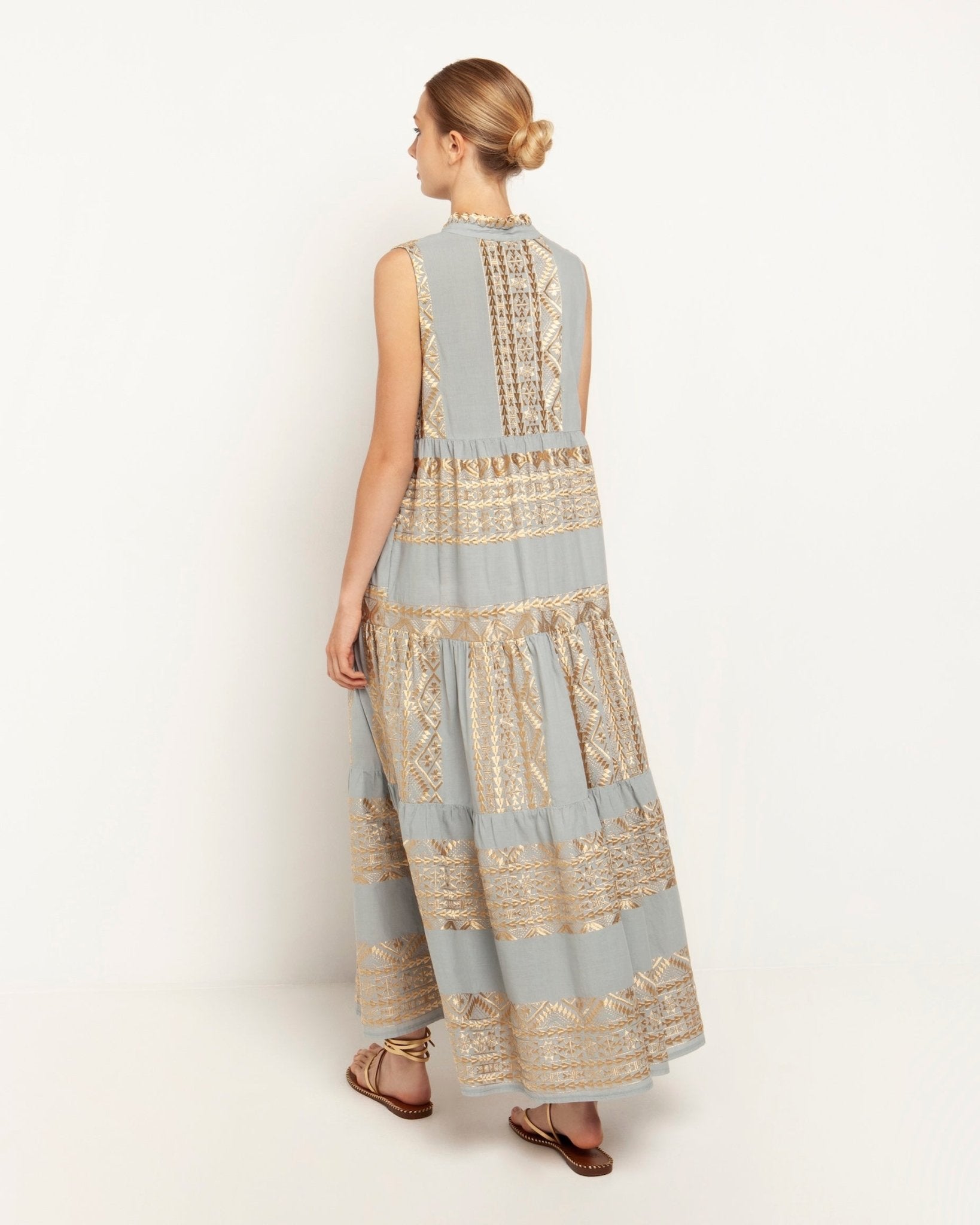 Greek Archaic Kori Cotton Maxi Dress | Grey & Gold. Available at Pasha Living