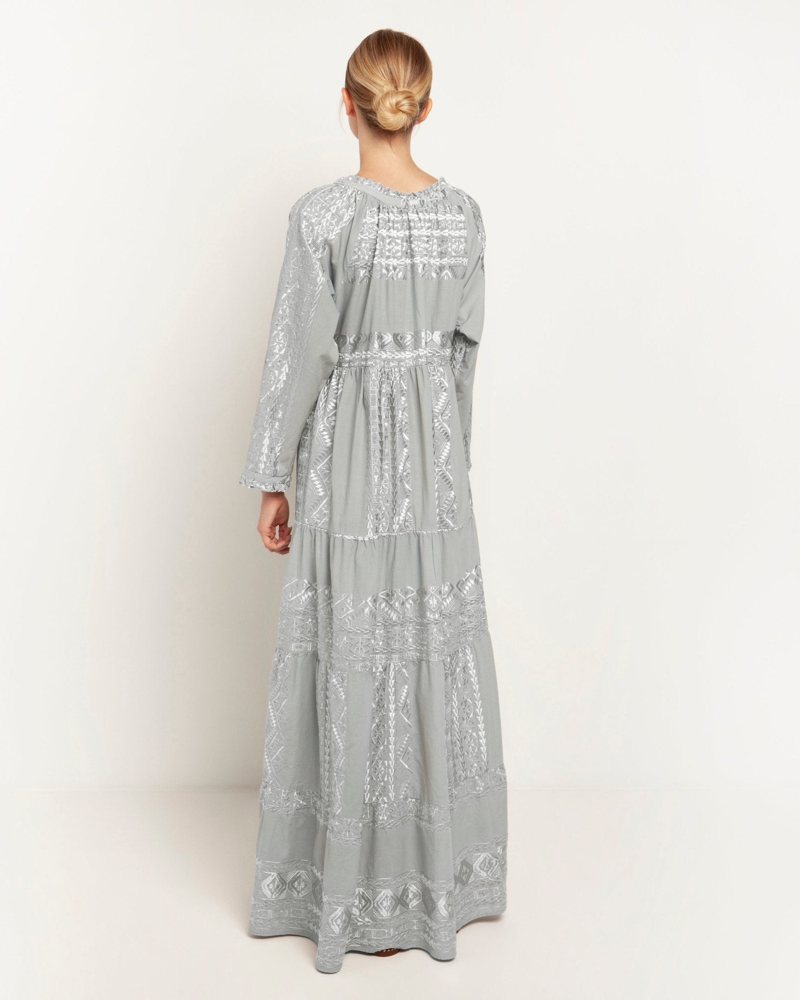 Greek Archaic Kori Cotton Maxi Dress With Sleeves | Grey & Champagne. Available at Pasha Living