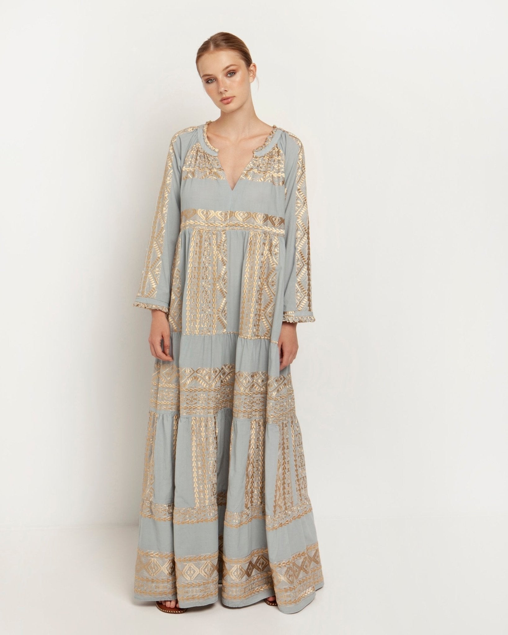 Greek Archaic Kori Cotton Maxi Dress With Sleeves | Grey & Gold. Available at Pasha Living