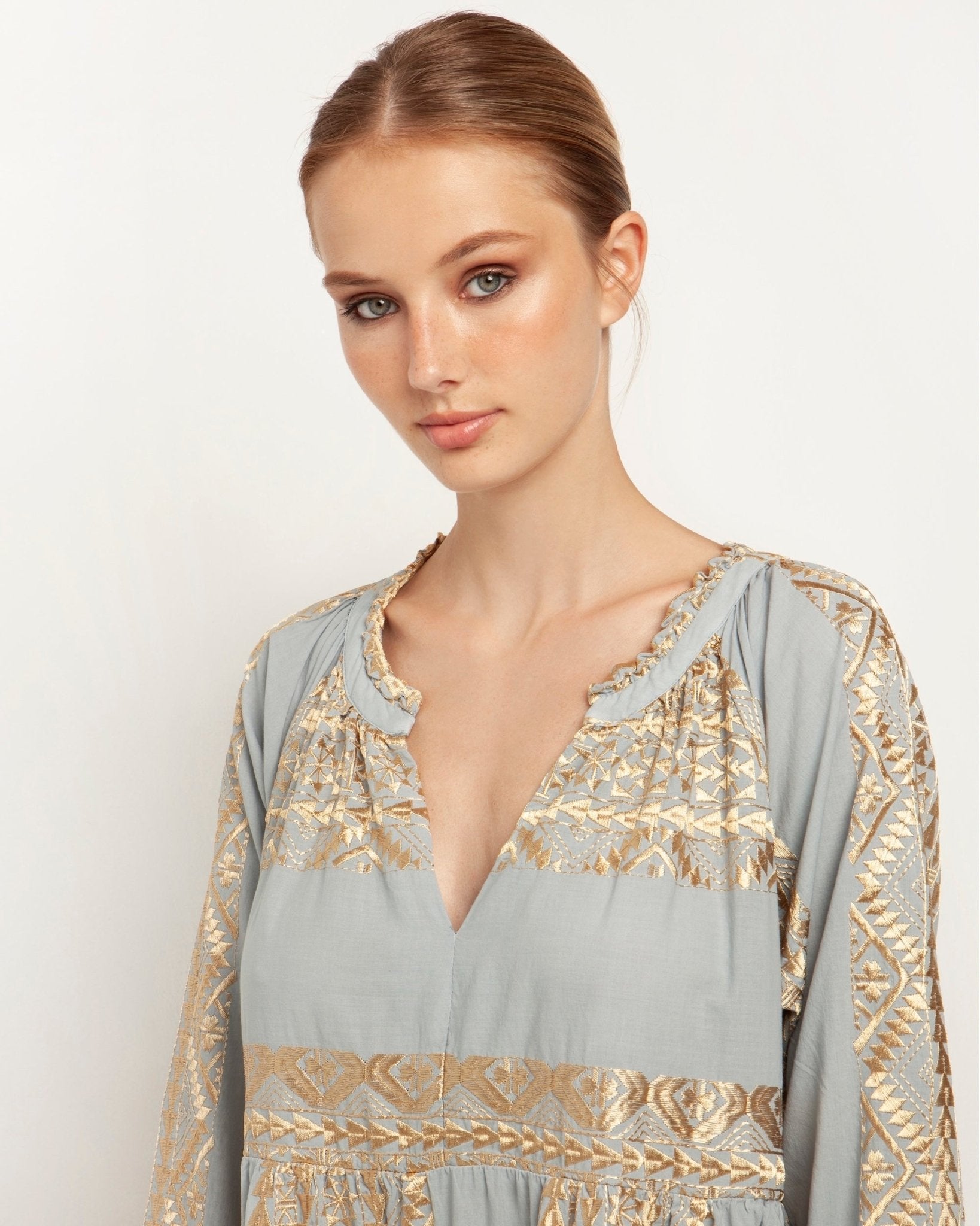 Greek Archaic Kori Cotton Maxi Dress With Sleeves | Grey & Gold. Available at Pasha Living