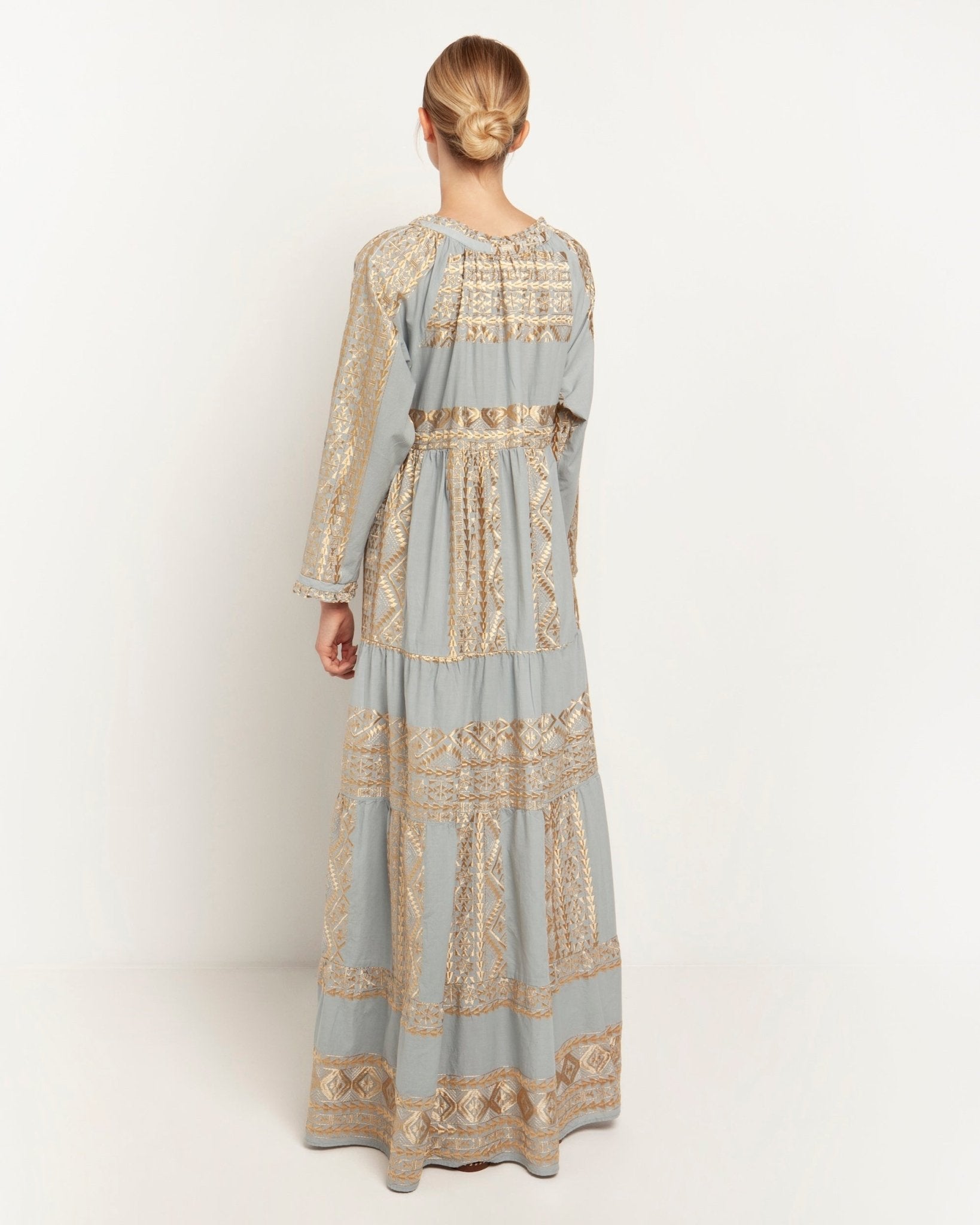 Greek Archaic Kori Cotton Maxi Dress With Sleeves | Grey & Gold. Available at Pasha Living
