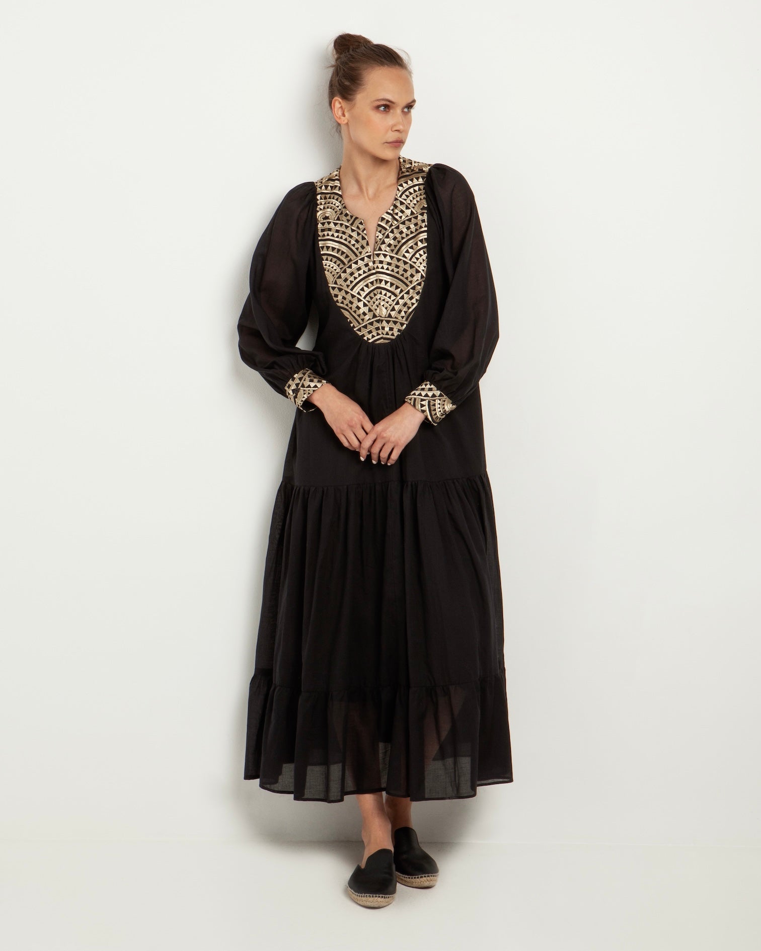 Greek Archaic Kori Cotton Voile Maxi Dress | Black & Gold – Pasha
