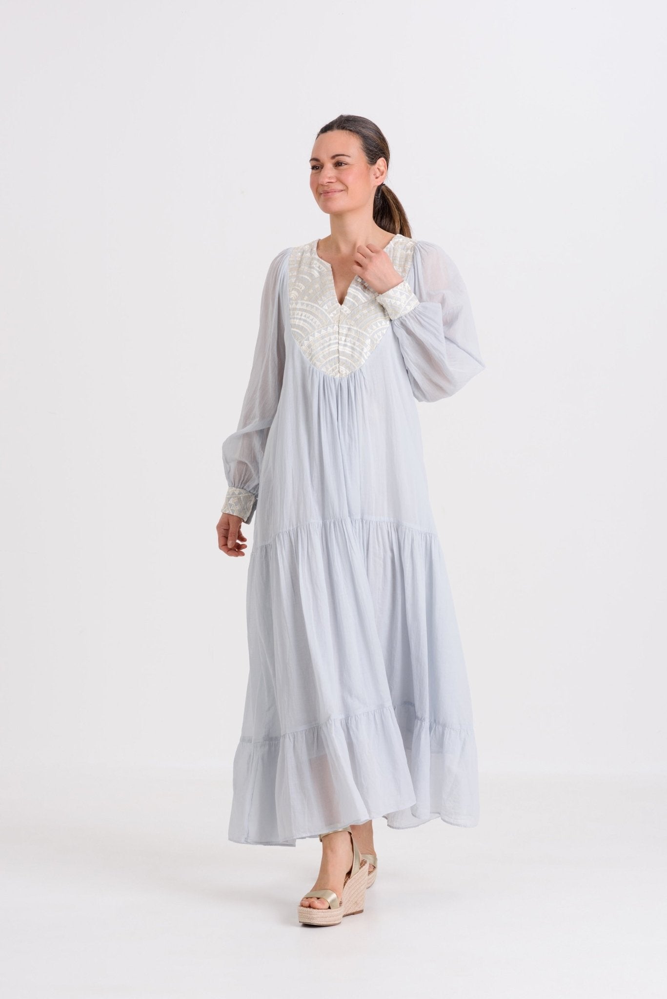 Greek Archaic Kori Cotton Voile Maxi Dress | Grey & Champagne. Available at Pasha Living
