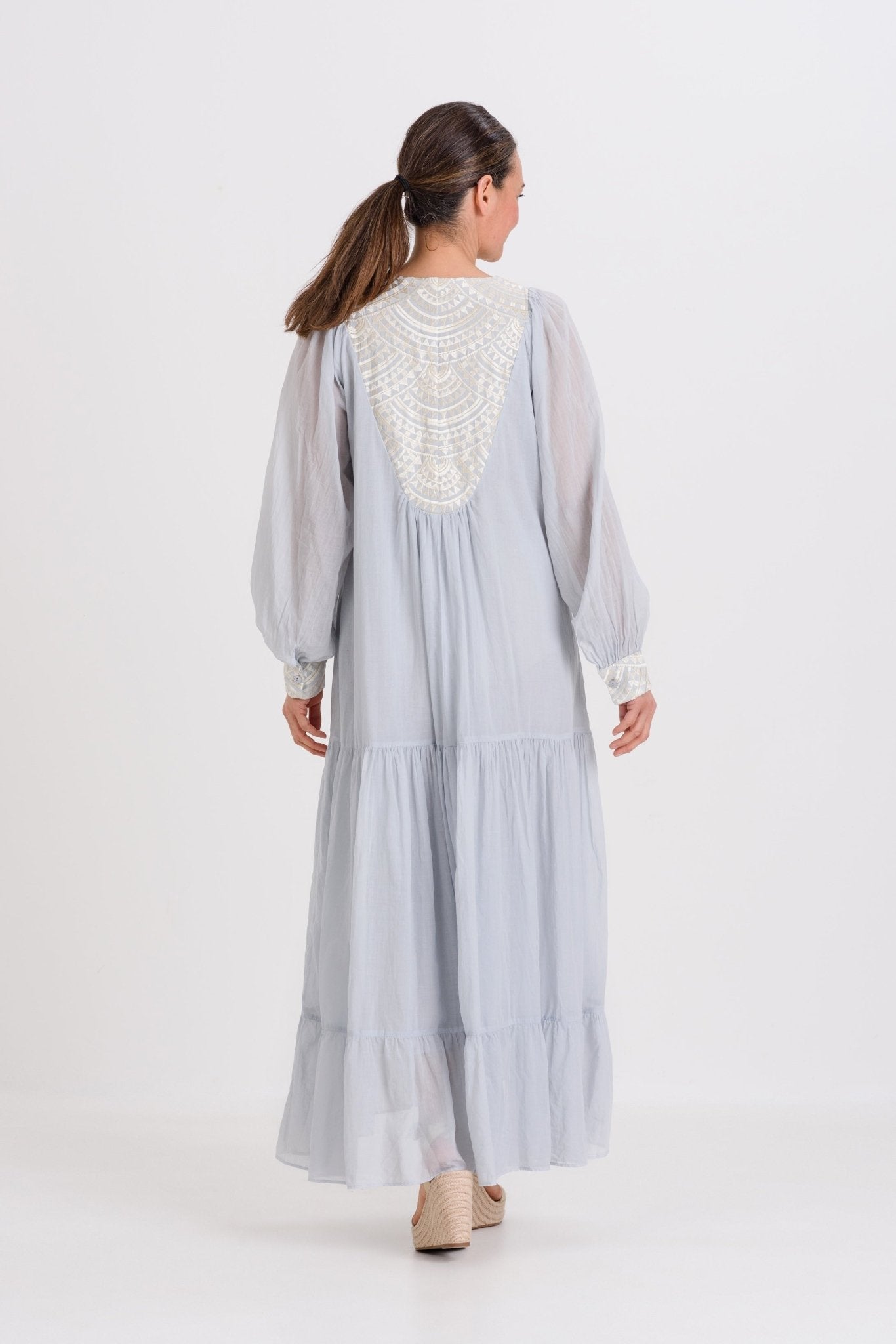 Greek Archaic Kori Cotton Voile Maxi Dress | Grey & Champagne. Available at Pasha Living