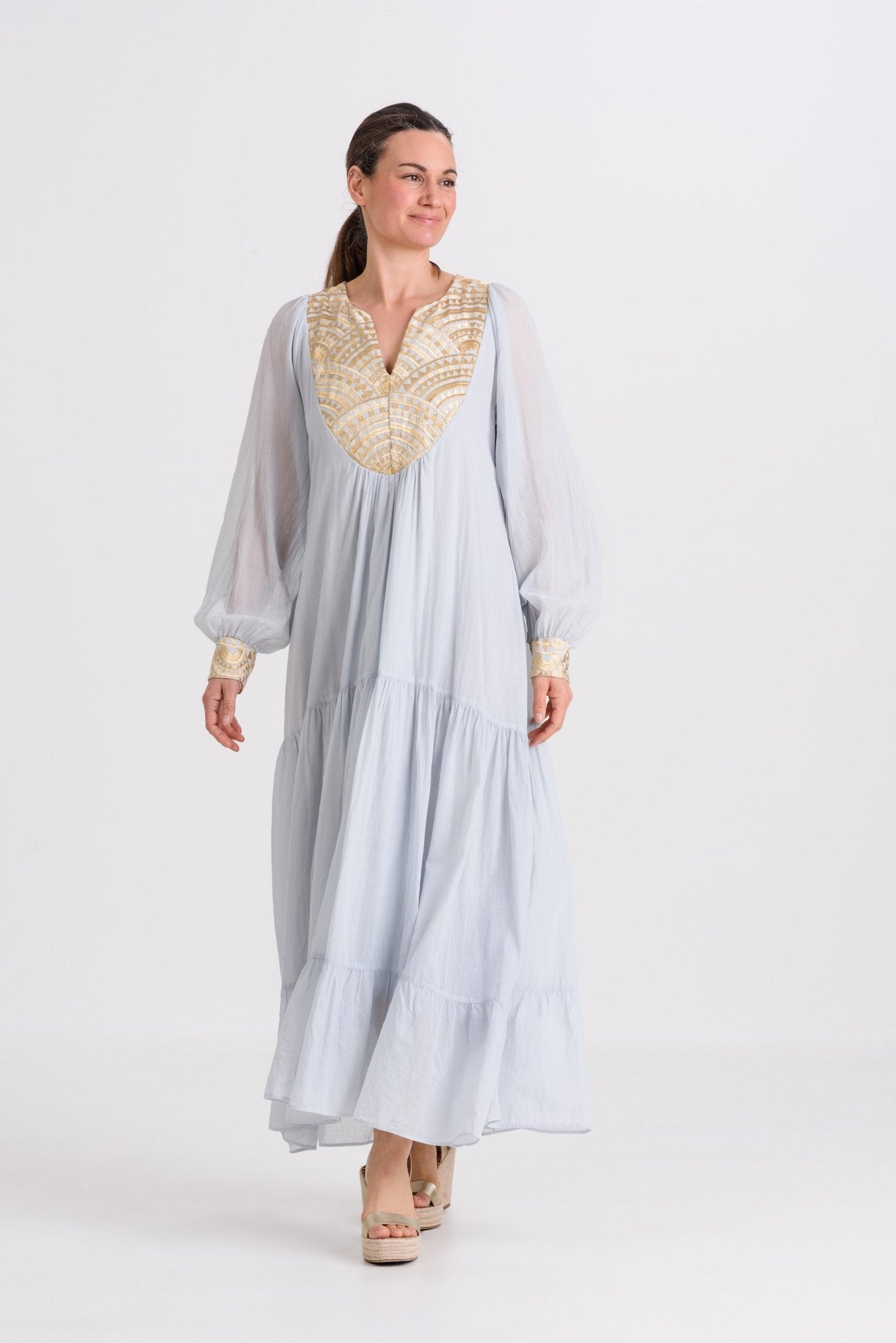 Greek Archaic Kori Cotton Voile Maxi Dress | Grey & Gold. Available at Pasha Living