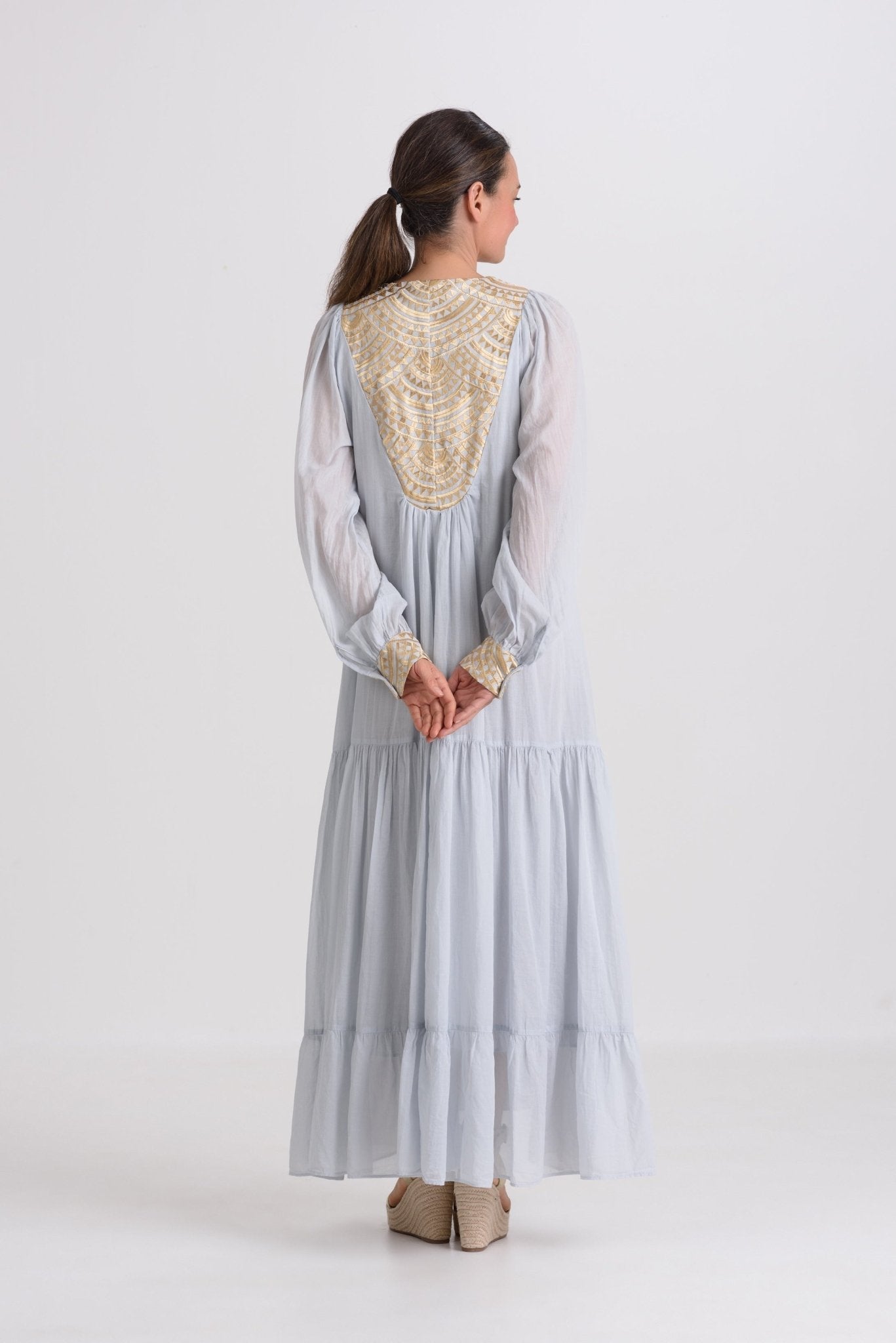 Greek Archaic Kori Cotton Voile Maxi Dress | Grey & Gold. Available at Pasha Living