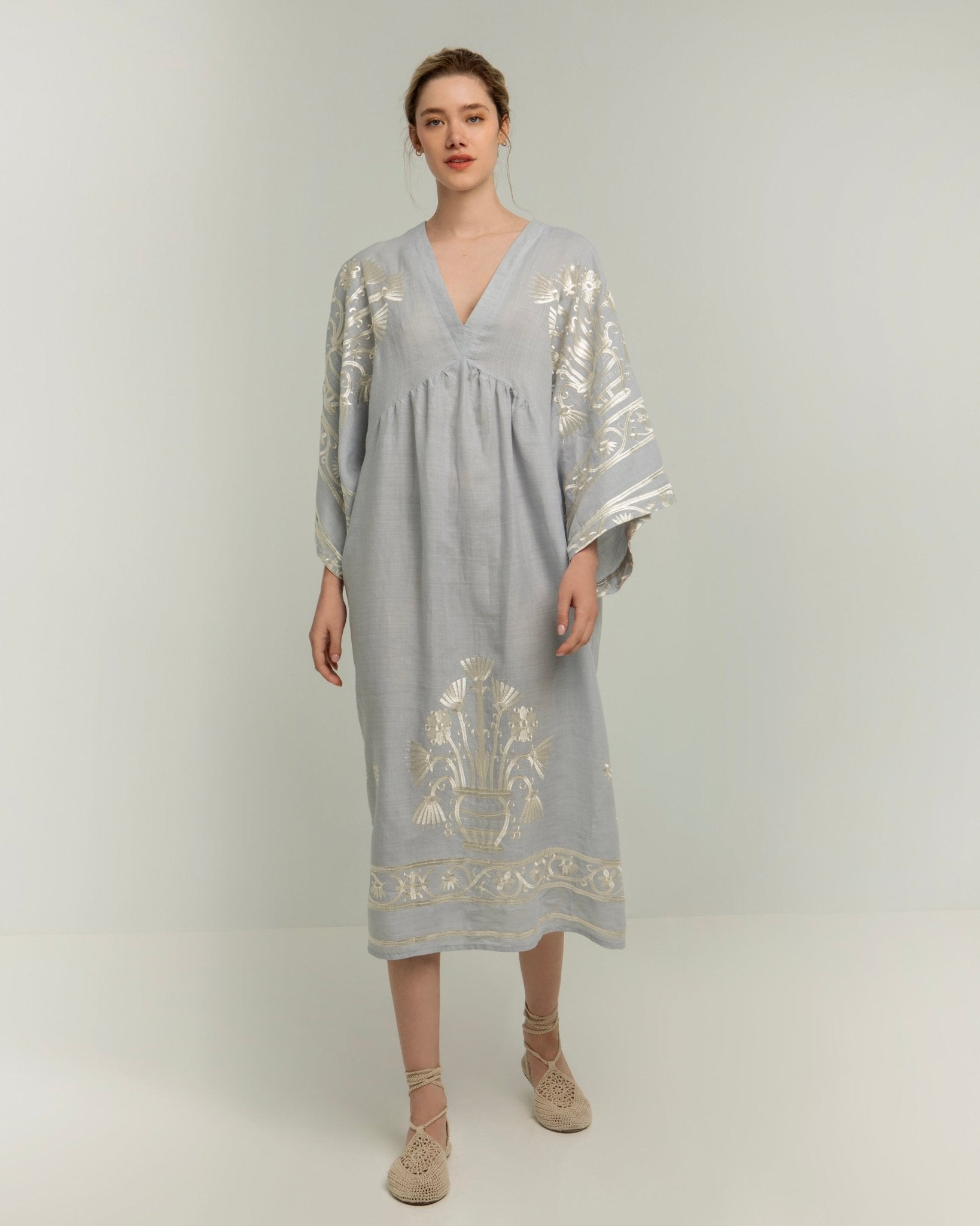 Greek Archaic Kori Crete Dress | Light Grey & Champagne. Available at Pasha Living