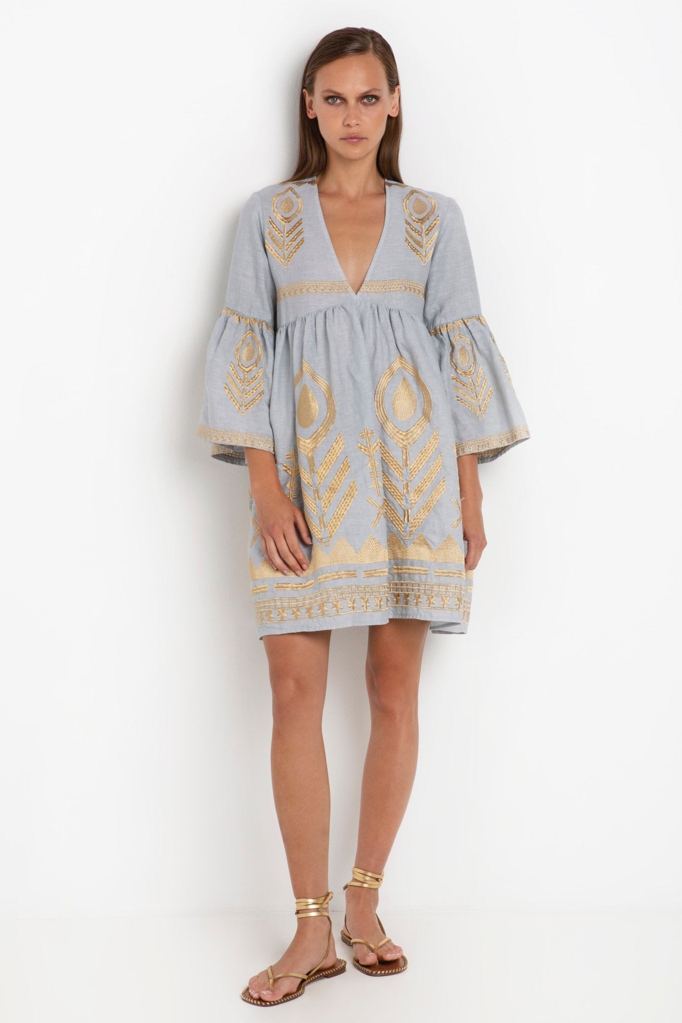 Greek Archaic Kori Grey & Gold Feather Embroidered Dress – Pasha Living
