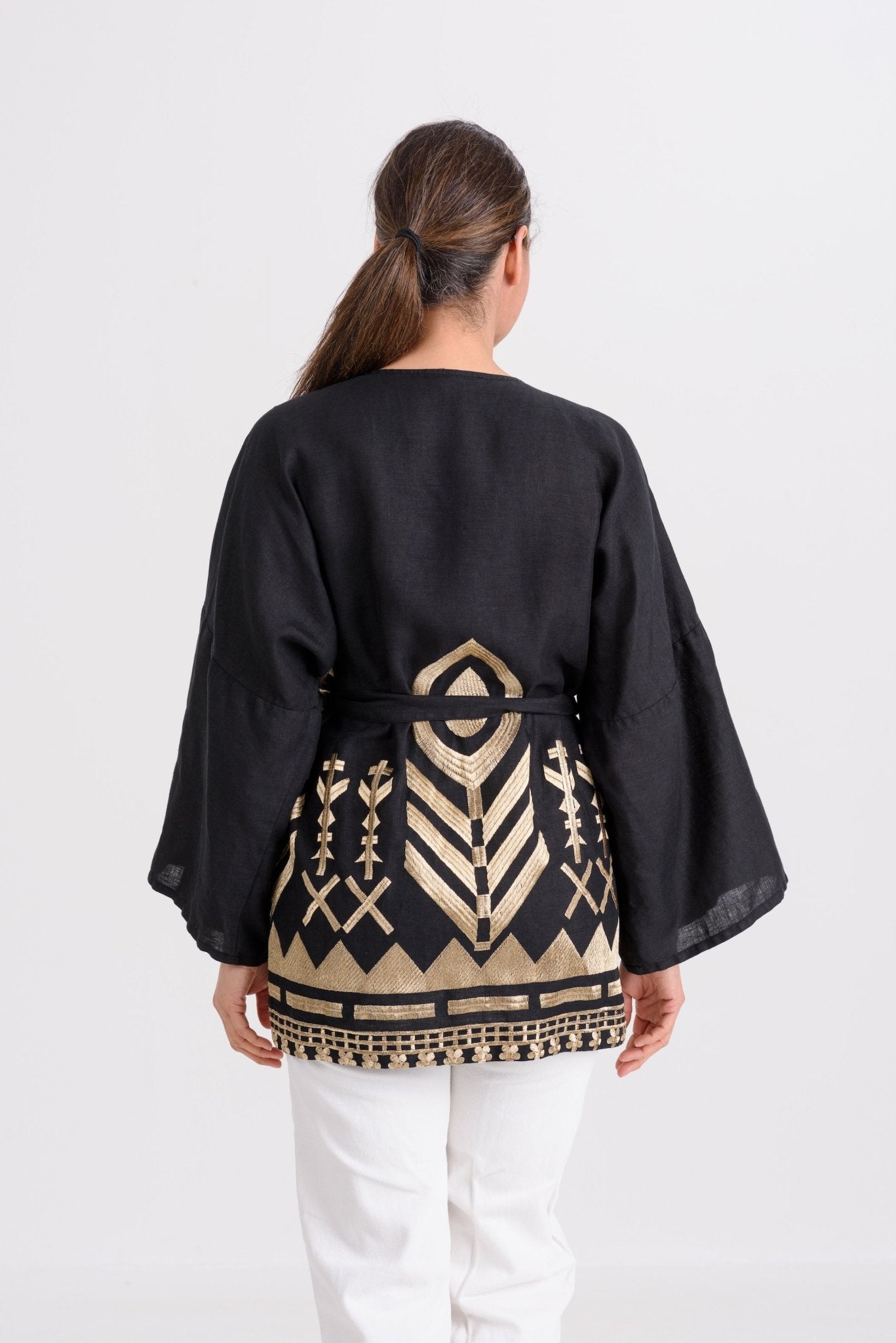 Greek Archaic Kori Kimono | Black & Gold. Available at Pasha Living
