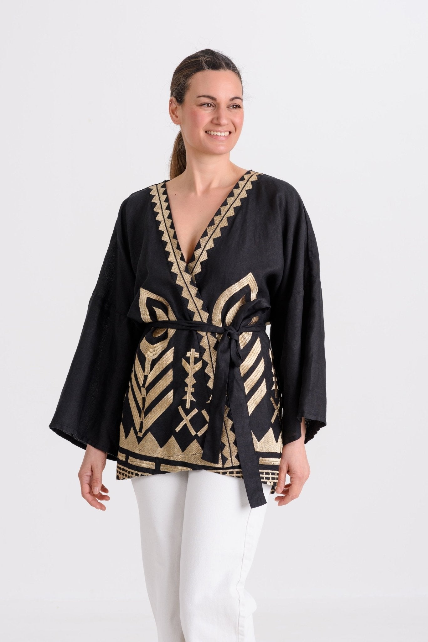 Greek Archaic Kori Kimono | Black & Gold. Available at Pasha Living