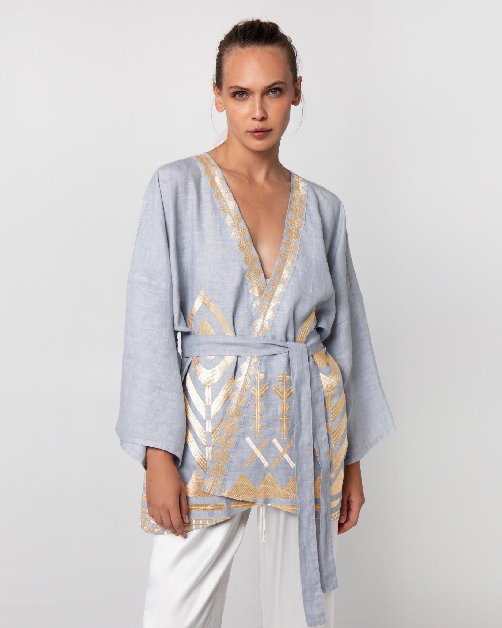 Greek Archaic Kori Kimono | Grey & Gold. Available at Pasha Living