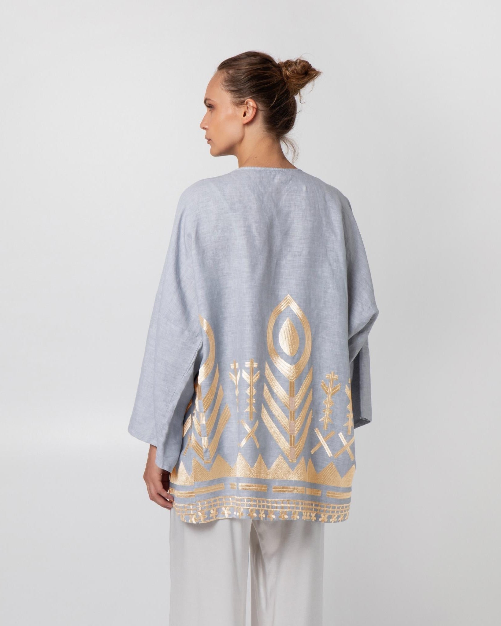 Greek Archaic Kori Kimono | Grey & Gold. Available at Pasha Living