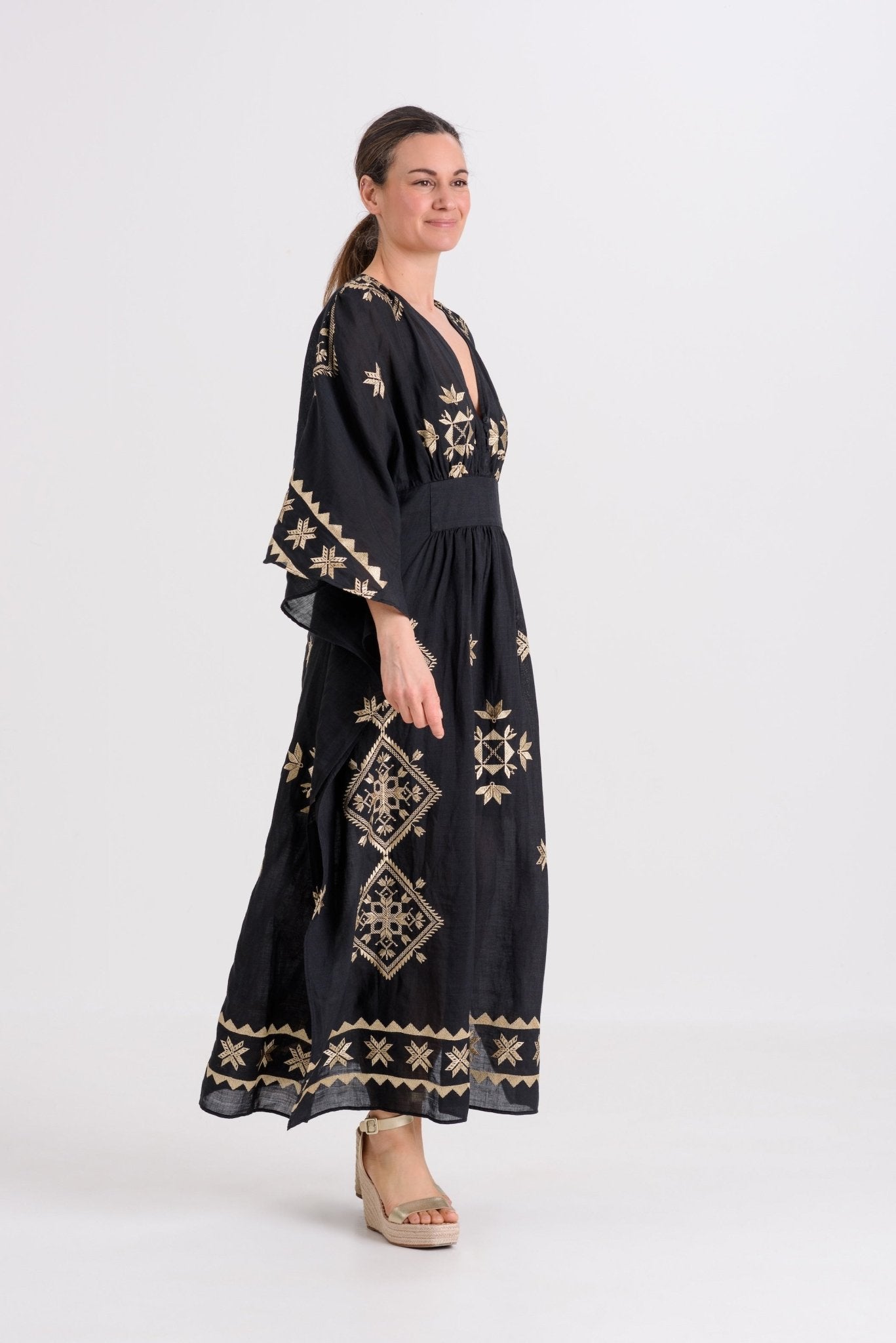 Greek Archaic Kori Lefkada Long Kaftan | Black & Gold. Available at Pasha Living