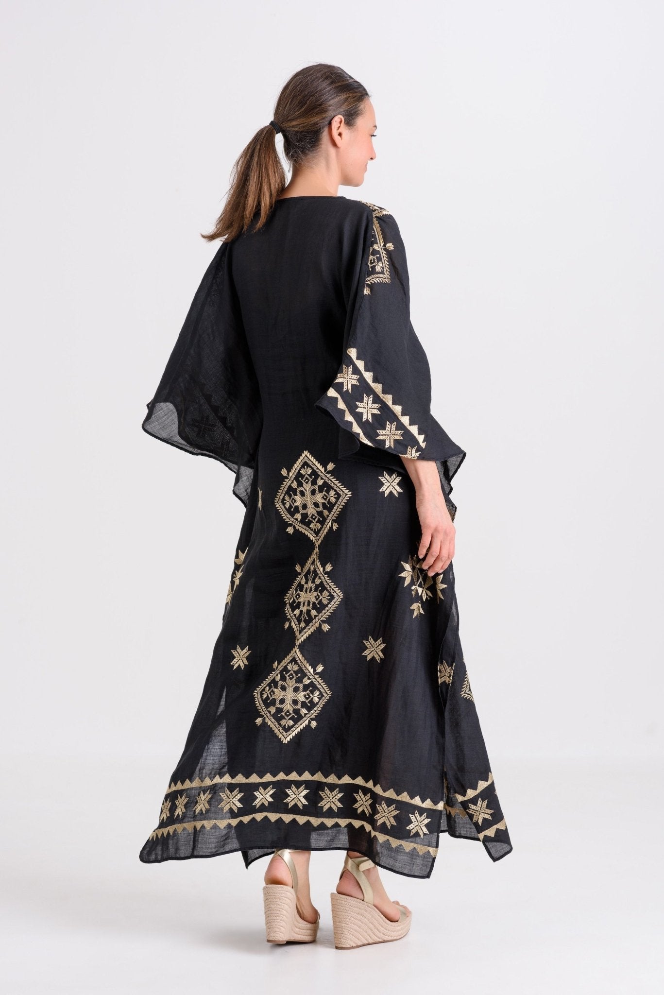 Greek Archaic Kori Lefkada Long Kaftan | Black & Gold. Available at Pasha Living