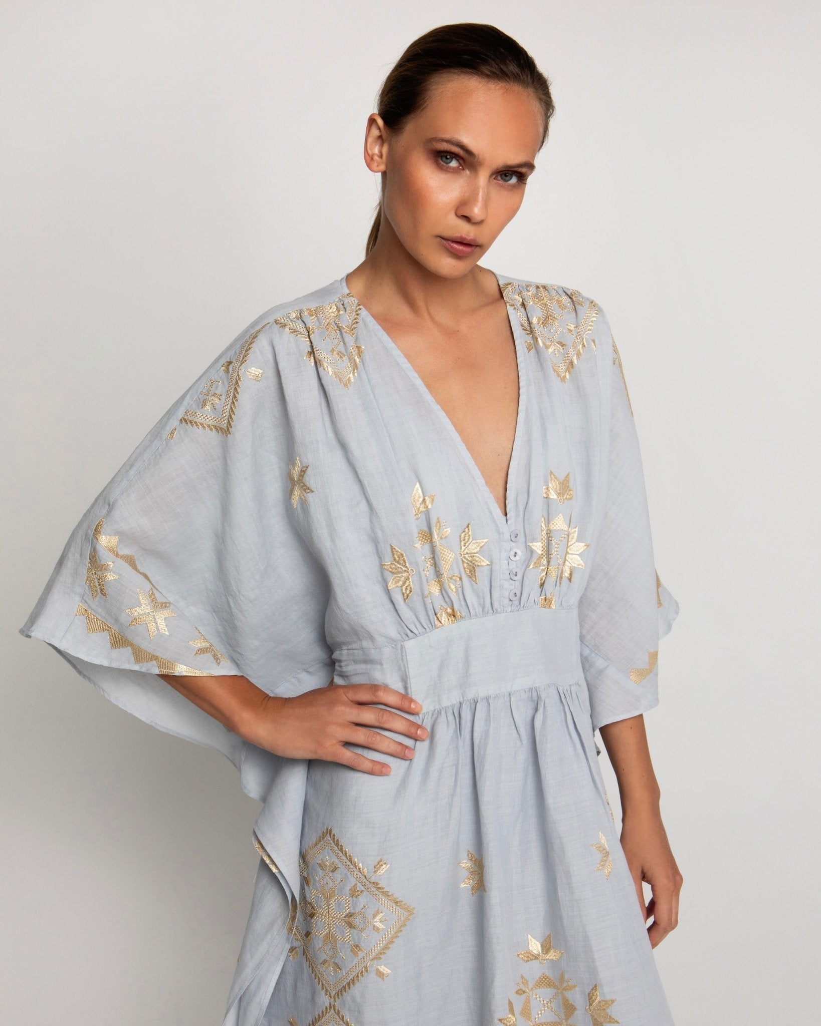 Greek Archaic Kori Lefkada Long Kaftan | Light Grey & Gold. Available at Pasha Living