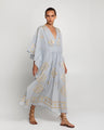 Greek Archaic Kori Lefkada Long Kaftan | Light Grey & Gold. Available at Pasha Living