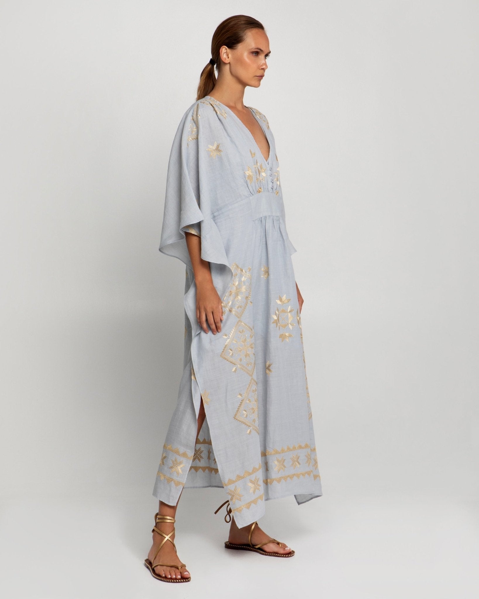 Greek Archaic Kori Lefkada Long Kaftan | Light Grey & Gold. Available at Pasha Living