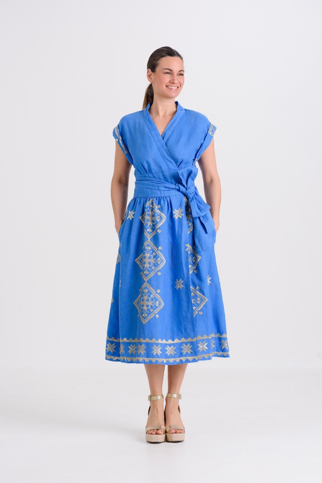 Greek Archaic Kori Lefkada Wrap Dress | Blue & Gold. Available at Pasha Living