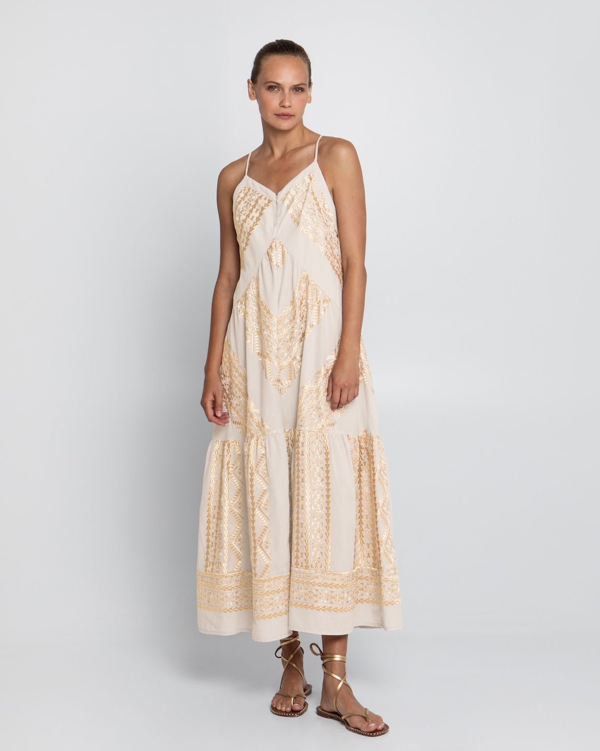 Greek Archaic Kori Long Classic Triangle Dress With Buttons | White & Gold. Available at Pasha Living