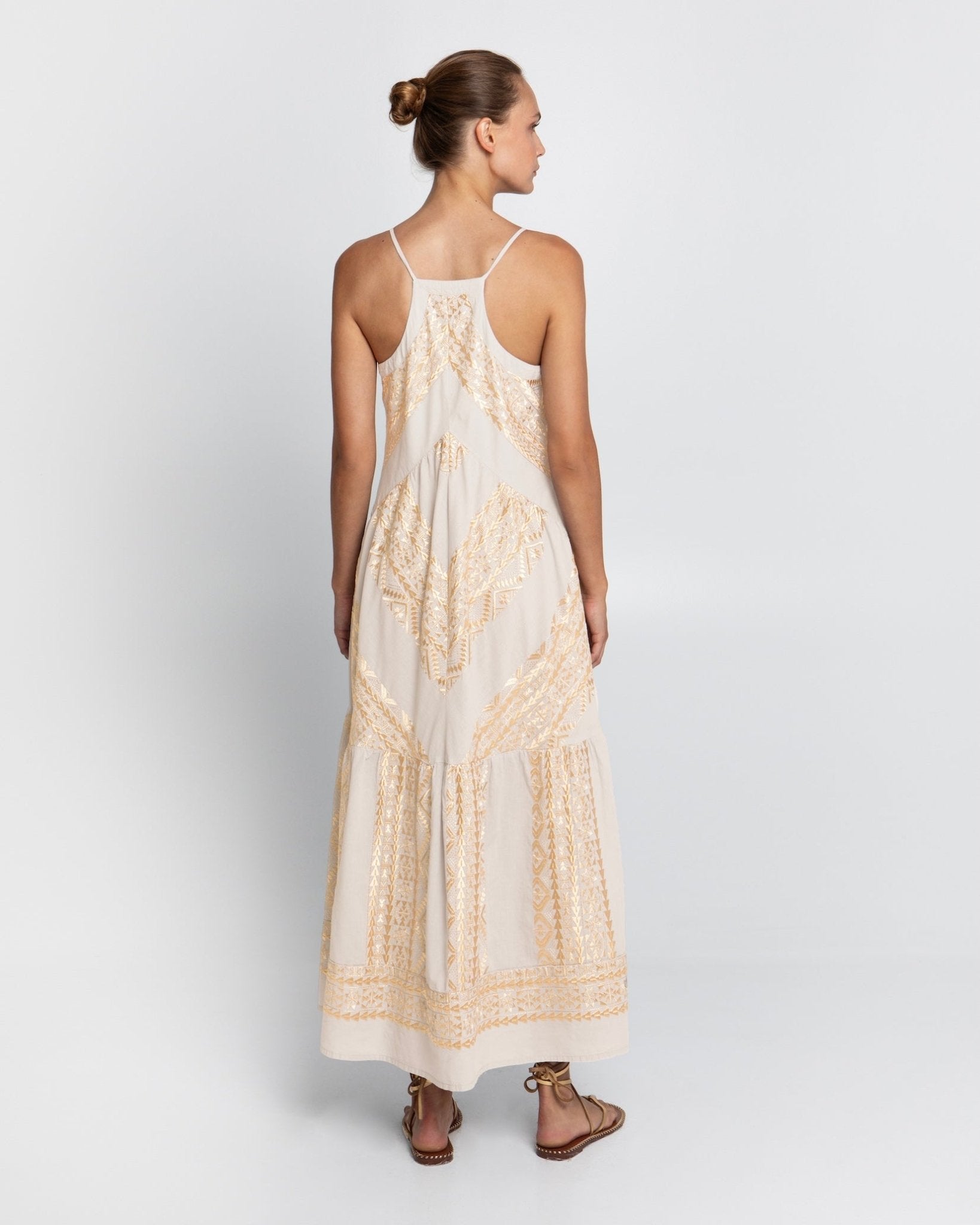 Greek Archaic Kori Long Classic Triangle Dress With Buttons | White & Gold. Available at Pasha Living