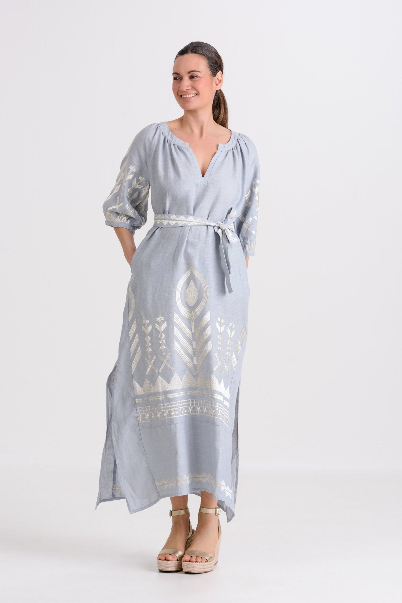 Greek Archaic Kori Long Feather Dress With Chevron Belt | Grey & Champagne. Available at Pasha Living