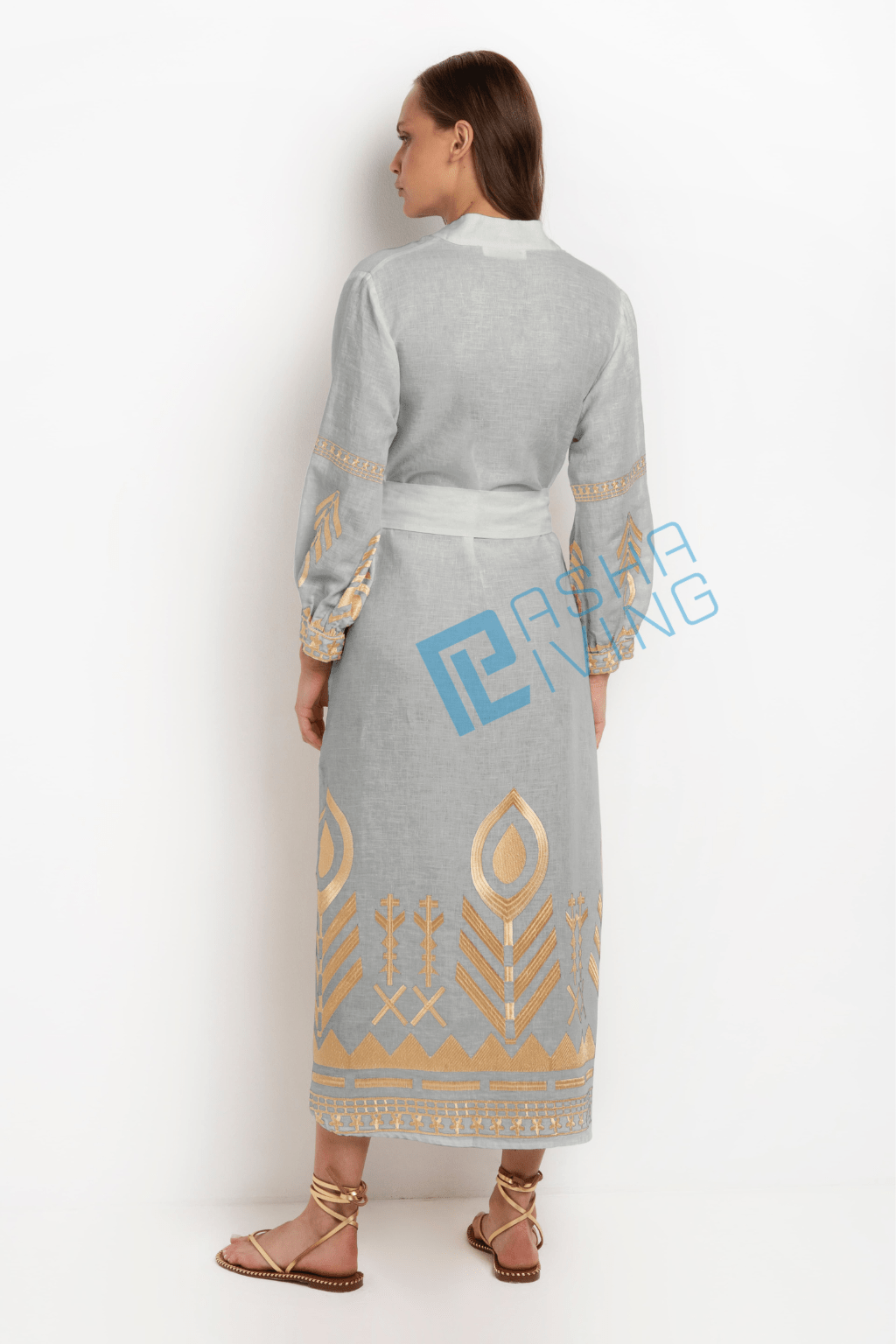 Greek Archaic Kori Long Sleeved Belted Linen Dress | Grey & Gold. Available at Pasha Living