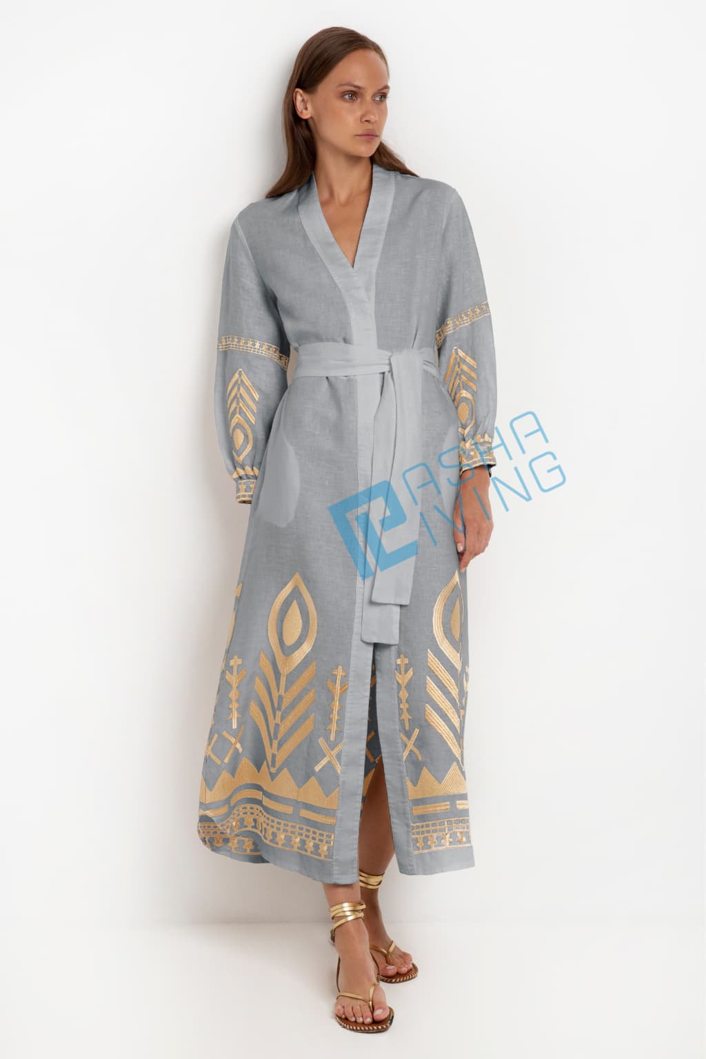 Greek Archaic Kori Long Sleeved Belted Linen Dress | Grey & Gold. Available at Pasha Living