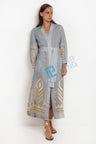 Greek Archaic Kori Long Sleeved Belted Linen Dress | Grey & Gold. Available at Pasha Living