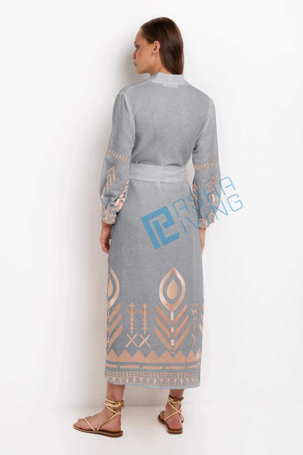Greek Archaic Kori Long Sleeved Belted Linen Dress | Grey & Rose Gold. Available at Pasha Living