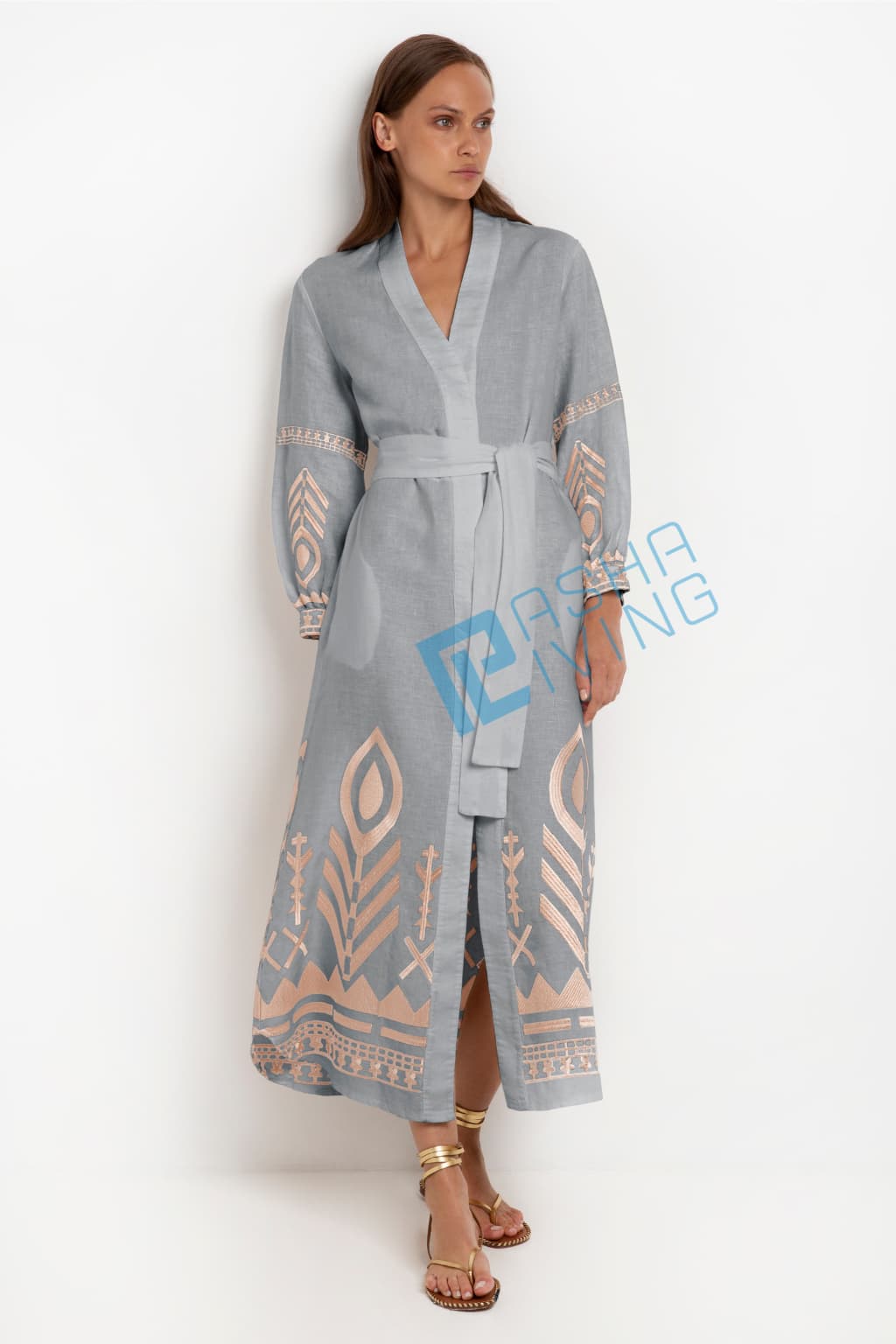Greek Archaic Kori Long Sleeved Belted Linen Dress | Grey & Rose Gold. Available at Pasha Living