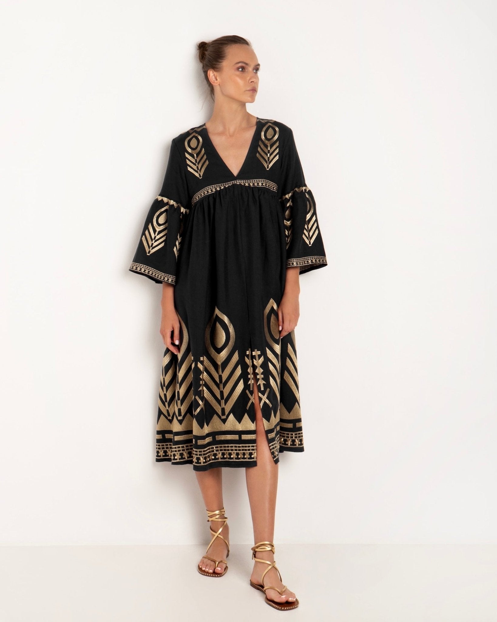 Greek Archaic Kori Midi Linen Dress | Black & Gold. Available at Pasha Living