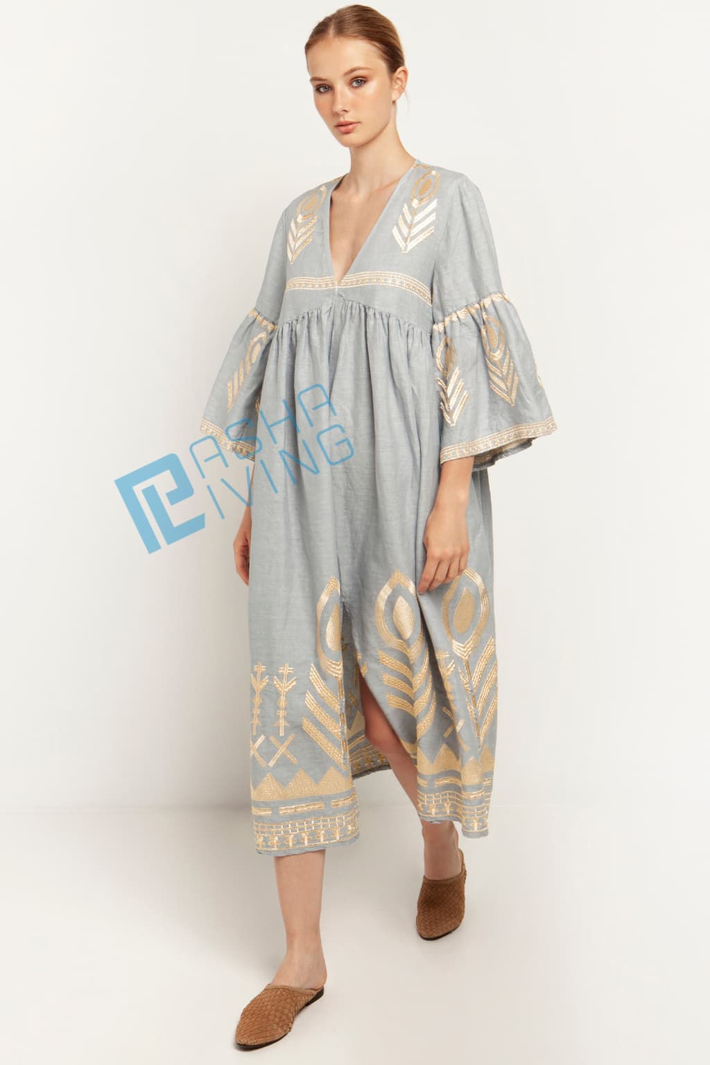 Greek Archaic Kori Midi Linen Dress | Grey & Gold. Available at Pasha Living