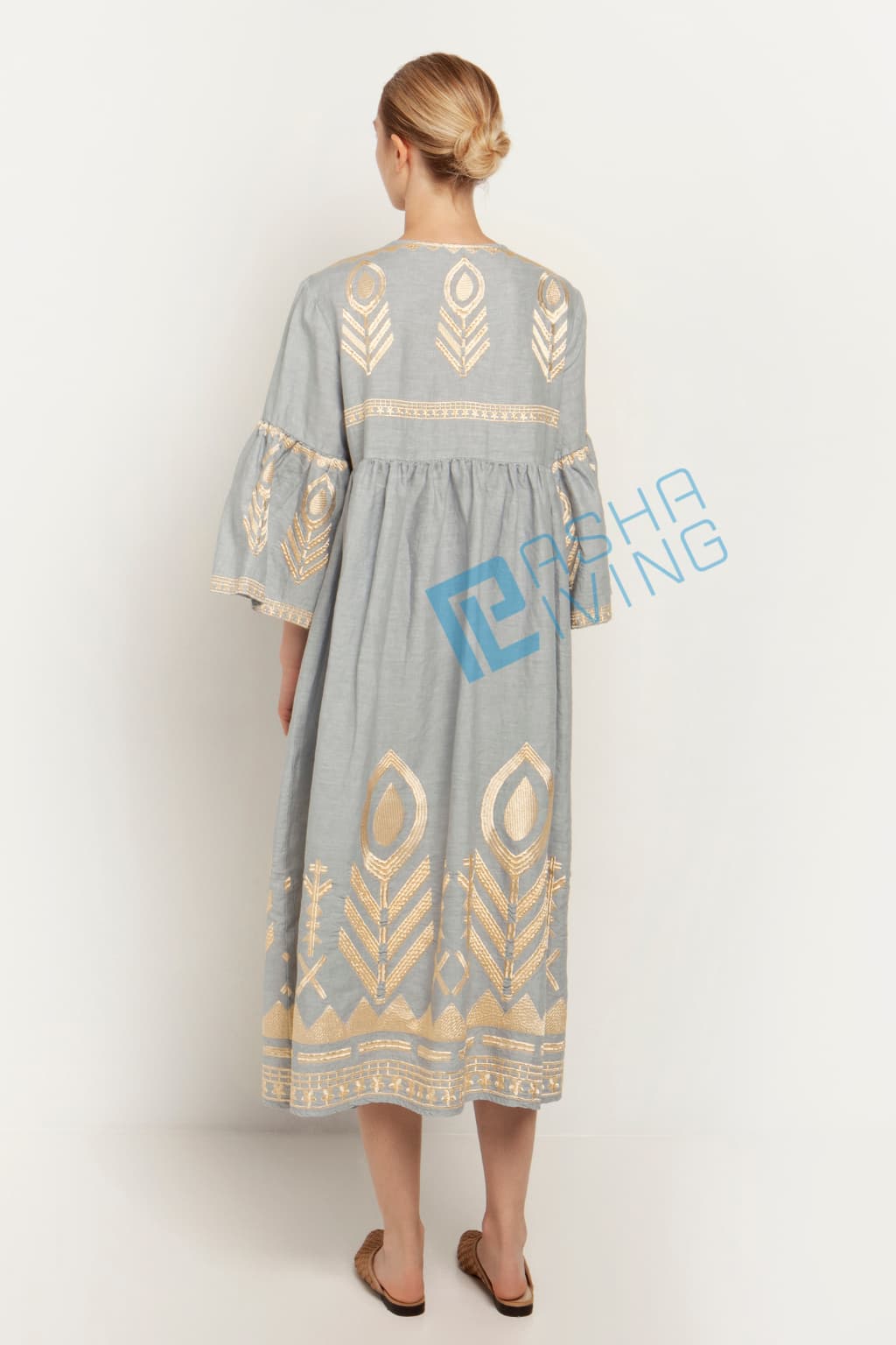 Greek Archaic Kori Midi Linen Dress | Grey & Gold. Available at Pasha Living