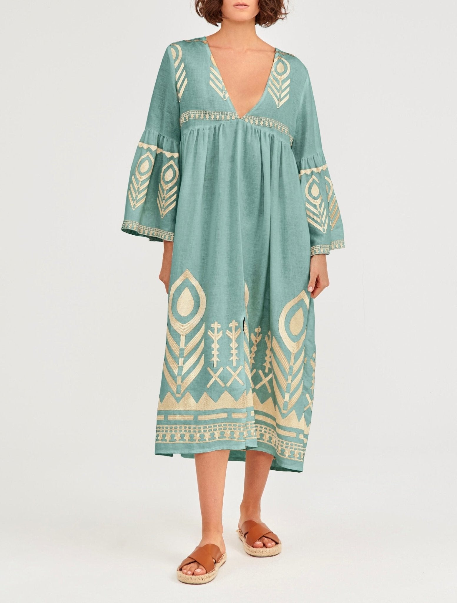 Greek Archaic Kori Midi Linen Dress | Sea Green & Gold – Pasha Living