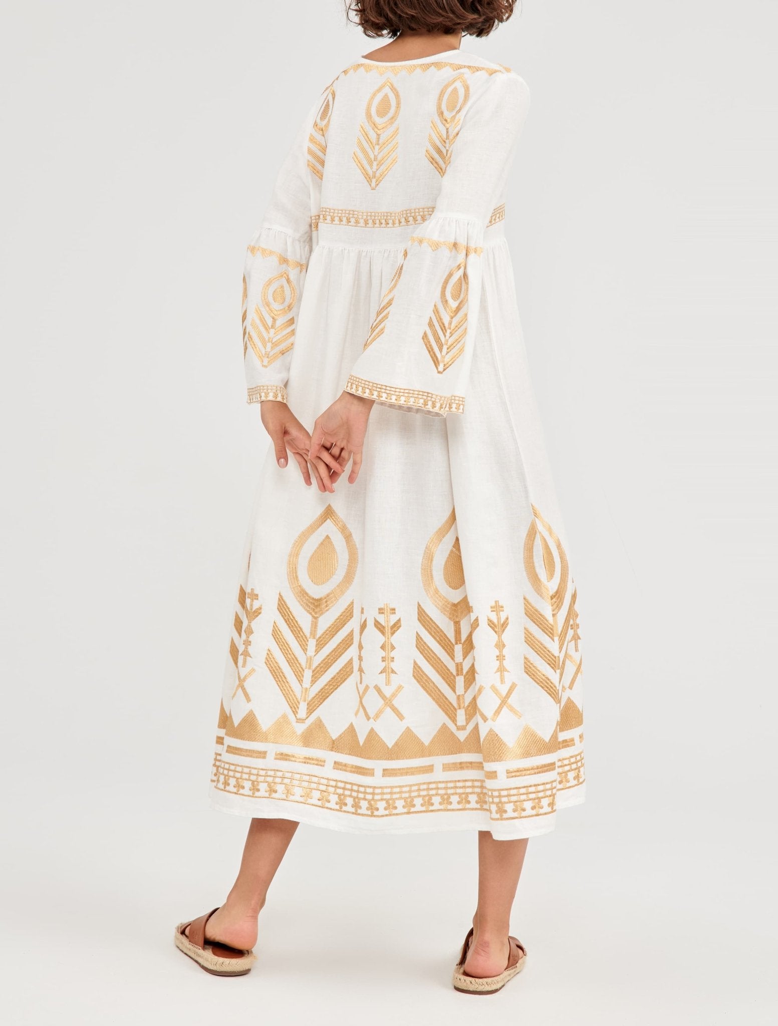 Greek Archaic Kori Midi Linen Dress | White & Gold. Available at Pasha Living