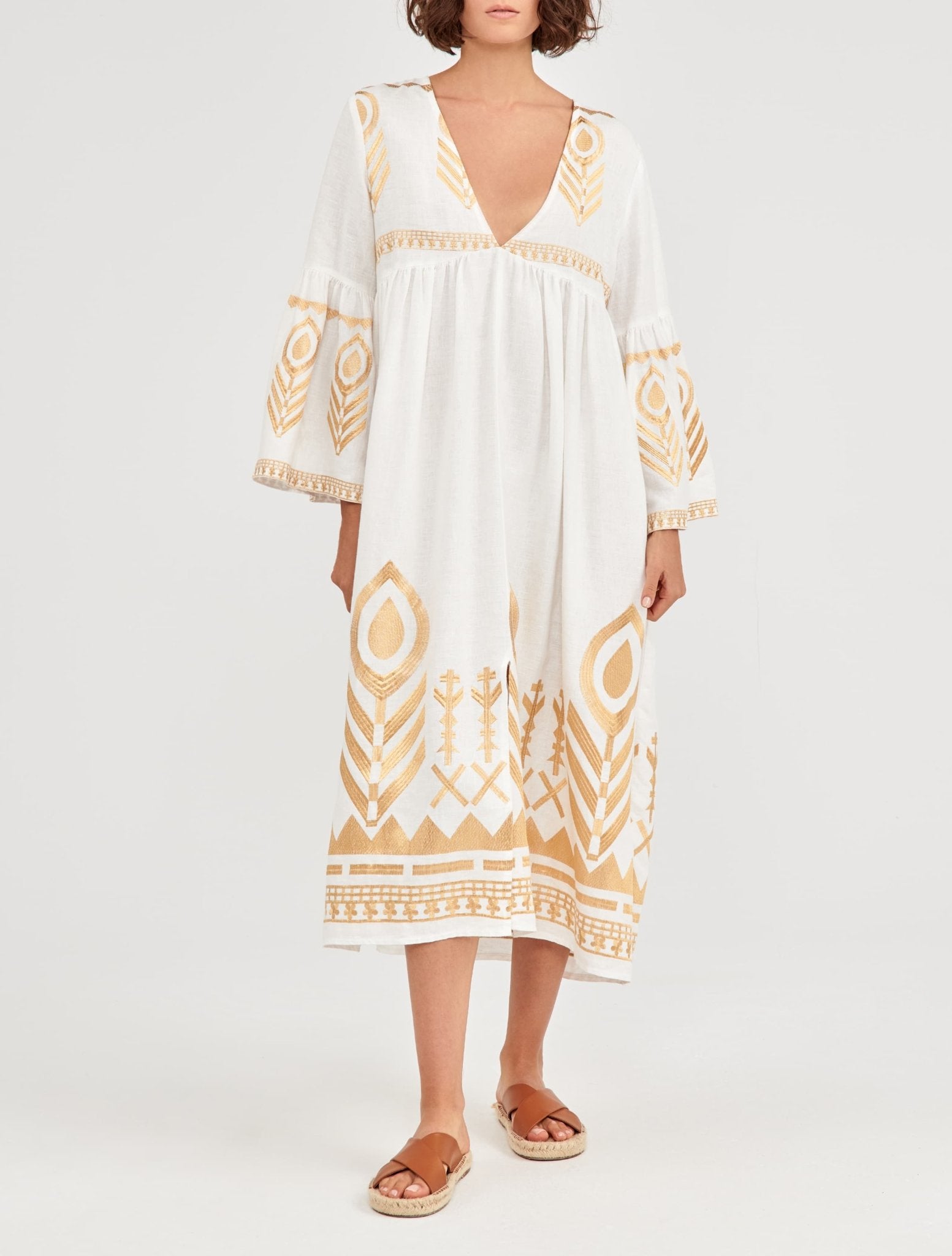 Greek Archaic Kori Midi Linen Dress | White & Gold. Available at Pasha Living