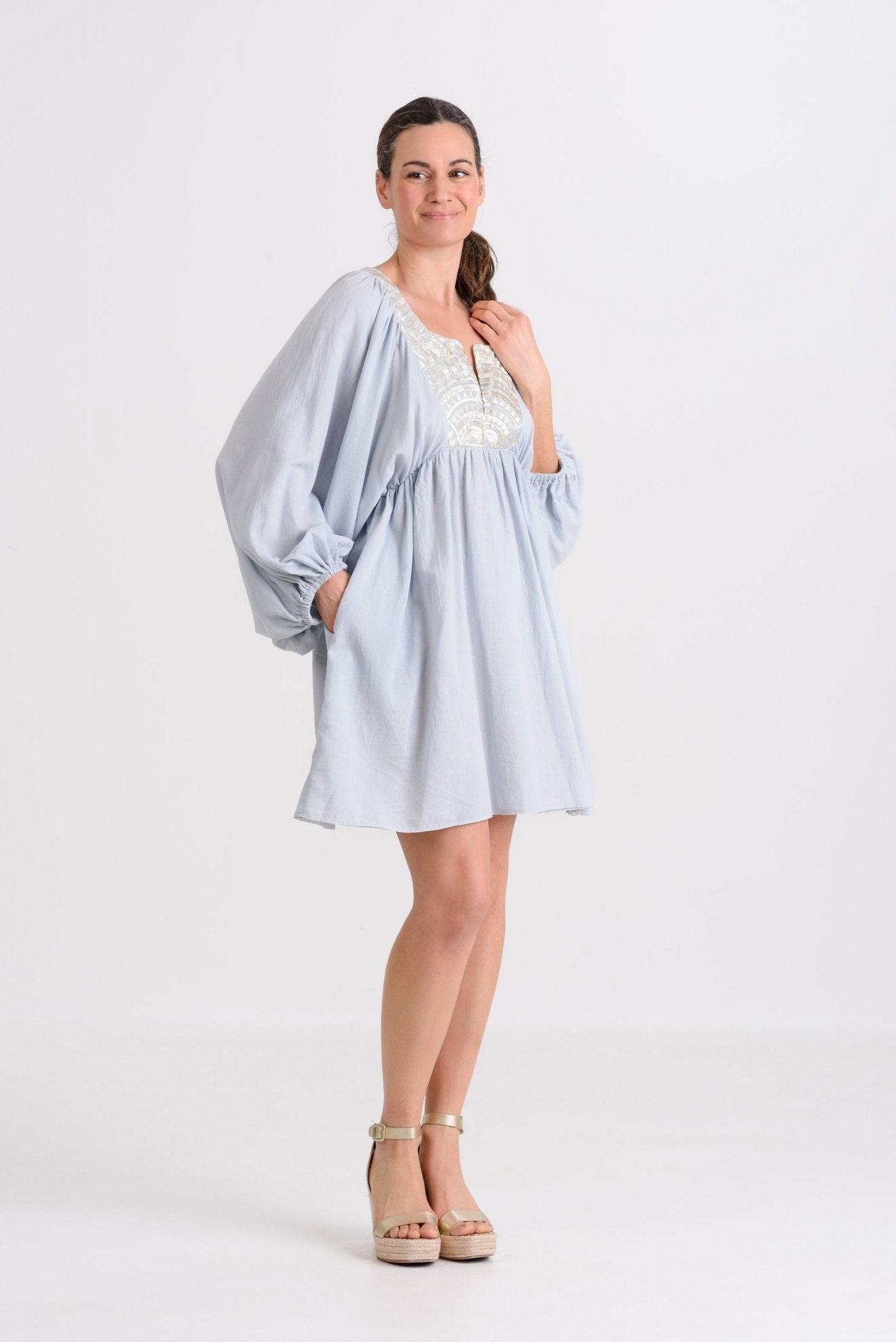 Greek Archaic Kori Mini Dress With Blouson Sleeves | Light Grey & Champagne. Available at Pasha Living
