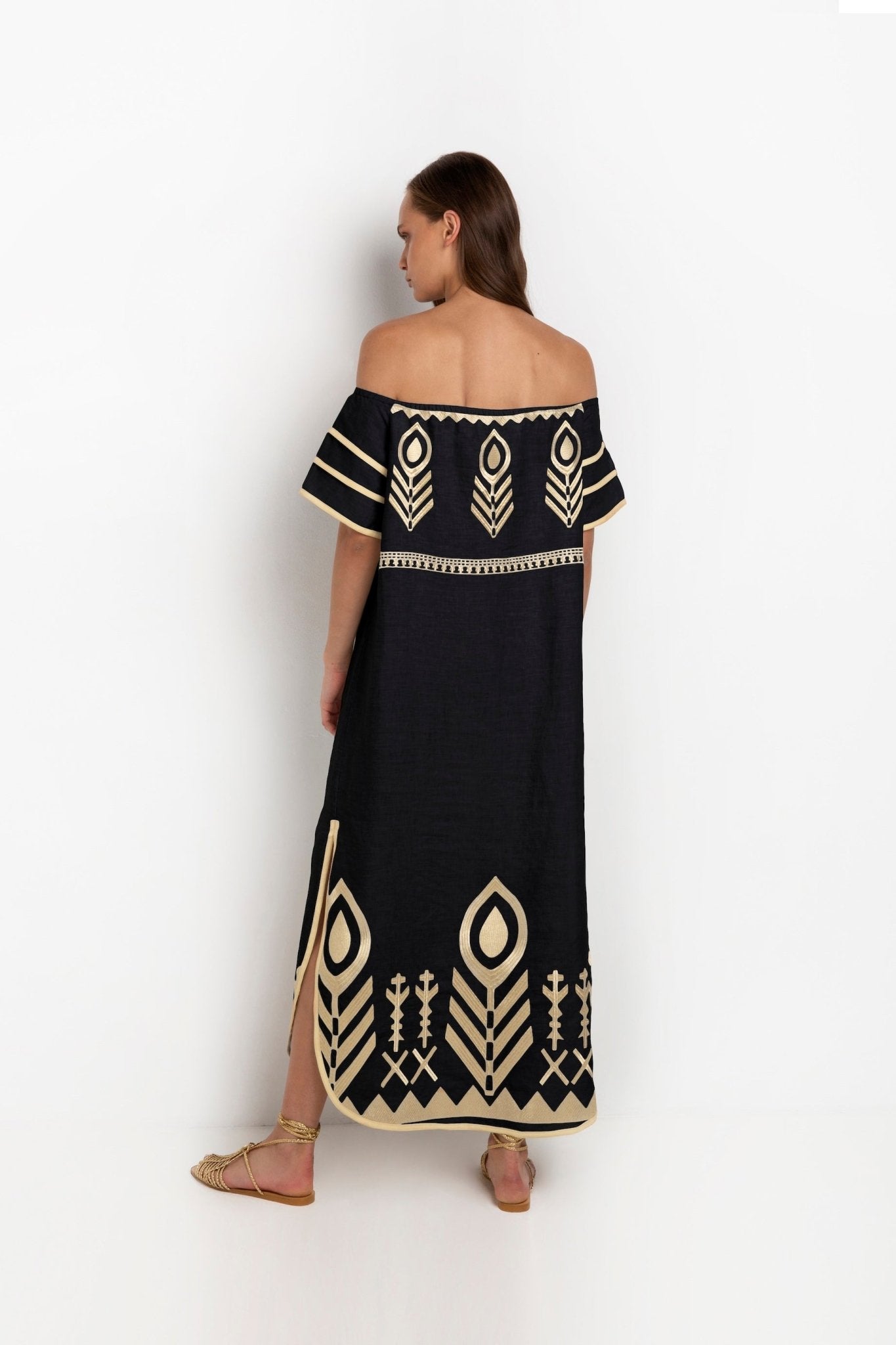 Greek Archaic Kori Off The Shoulder Linen Maxi Dress | Black & Gold. Available at Pasha Living