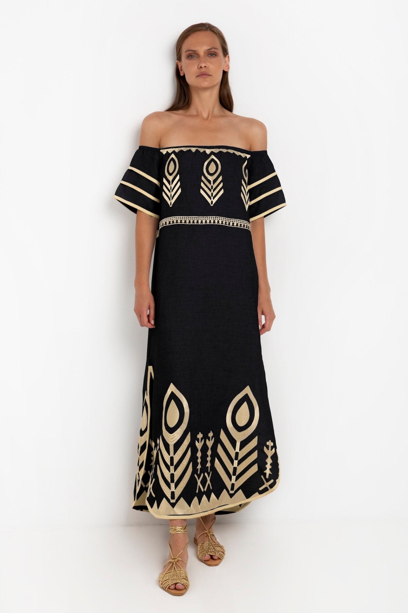 Greek Archaic Kori Off The Shoulder Linen Maxi Dress | Black & Gold. Available at Pasha Living