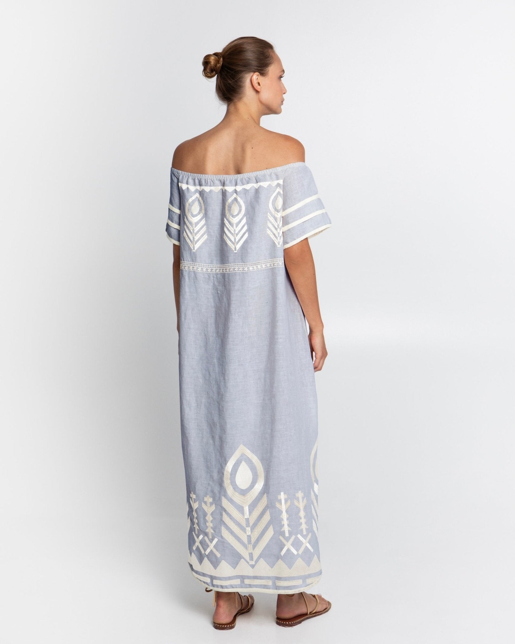 Greek Archaic Kori Off The Shoulder Linen Maxi Dress | Light Grey & Champagne. Available at Pasha Living