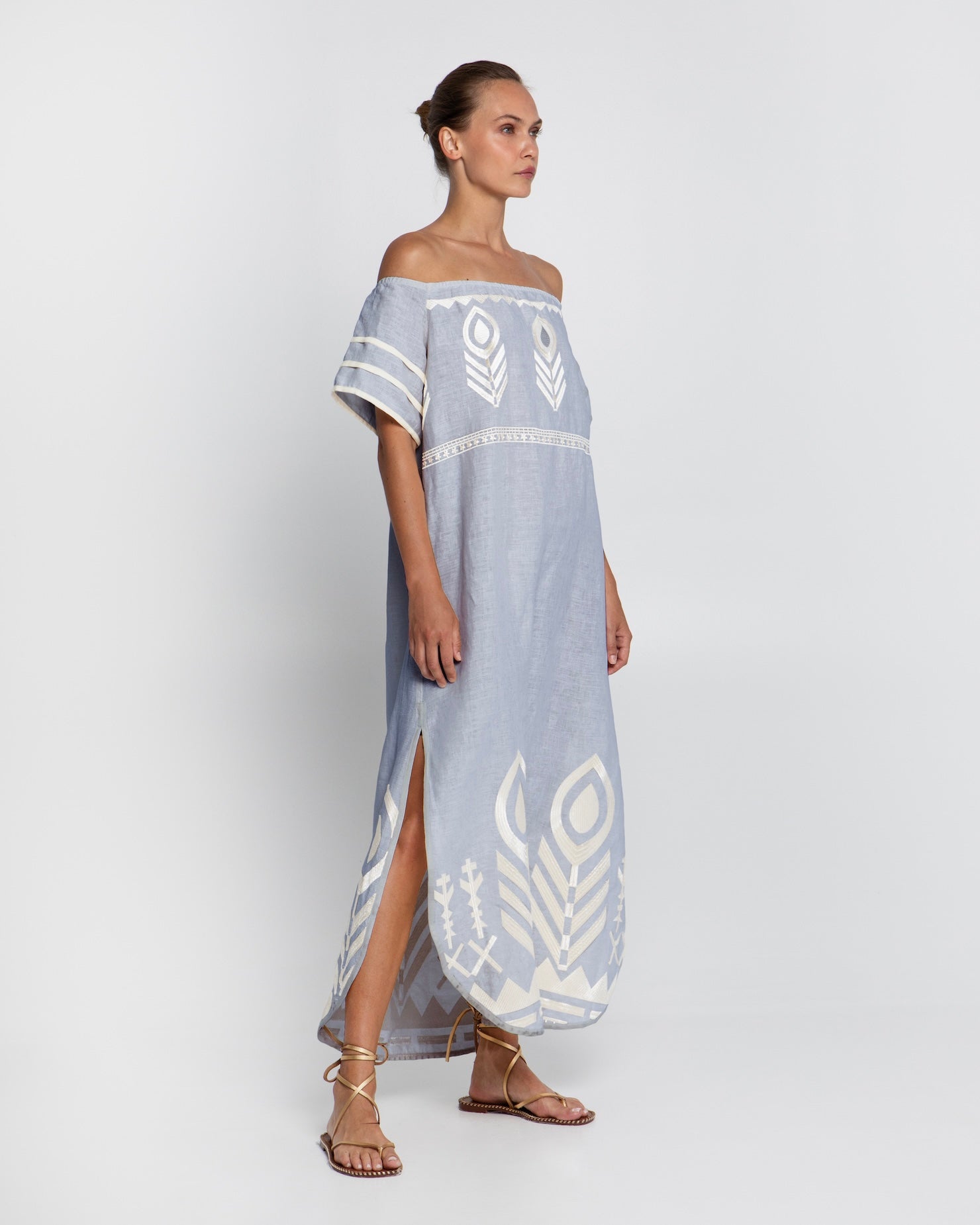 Greek Archaic Kori Off The Shoulder Linen Maxi Dress | Light Grey & Champagne. Available at Pasha Living